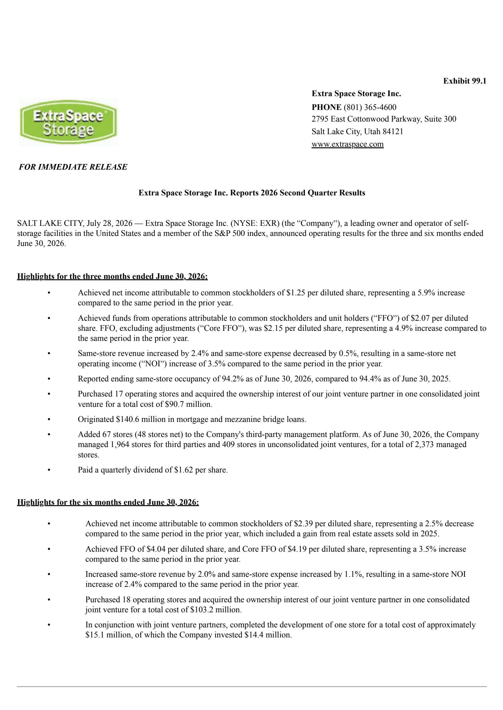 Extra Space Storage's Q2 2026 Press Release