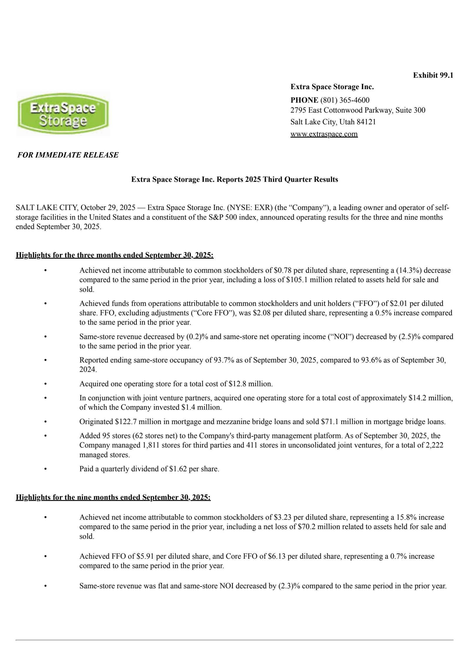 Extra Space Storage's Q3 2025 Earnings Release