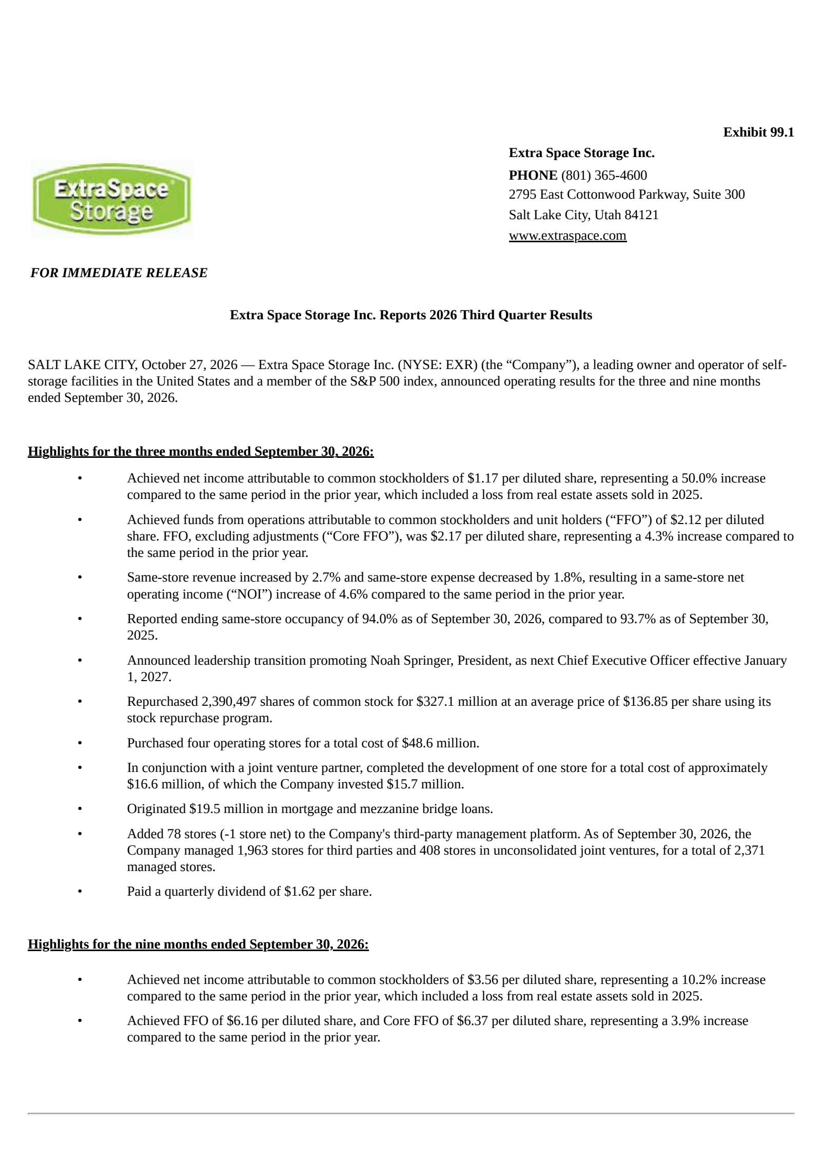 Extra Space Storage's Q3 2026 Press Release