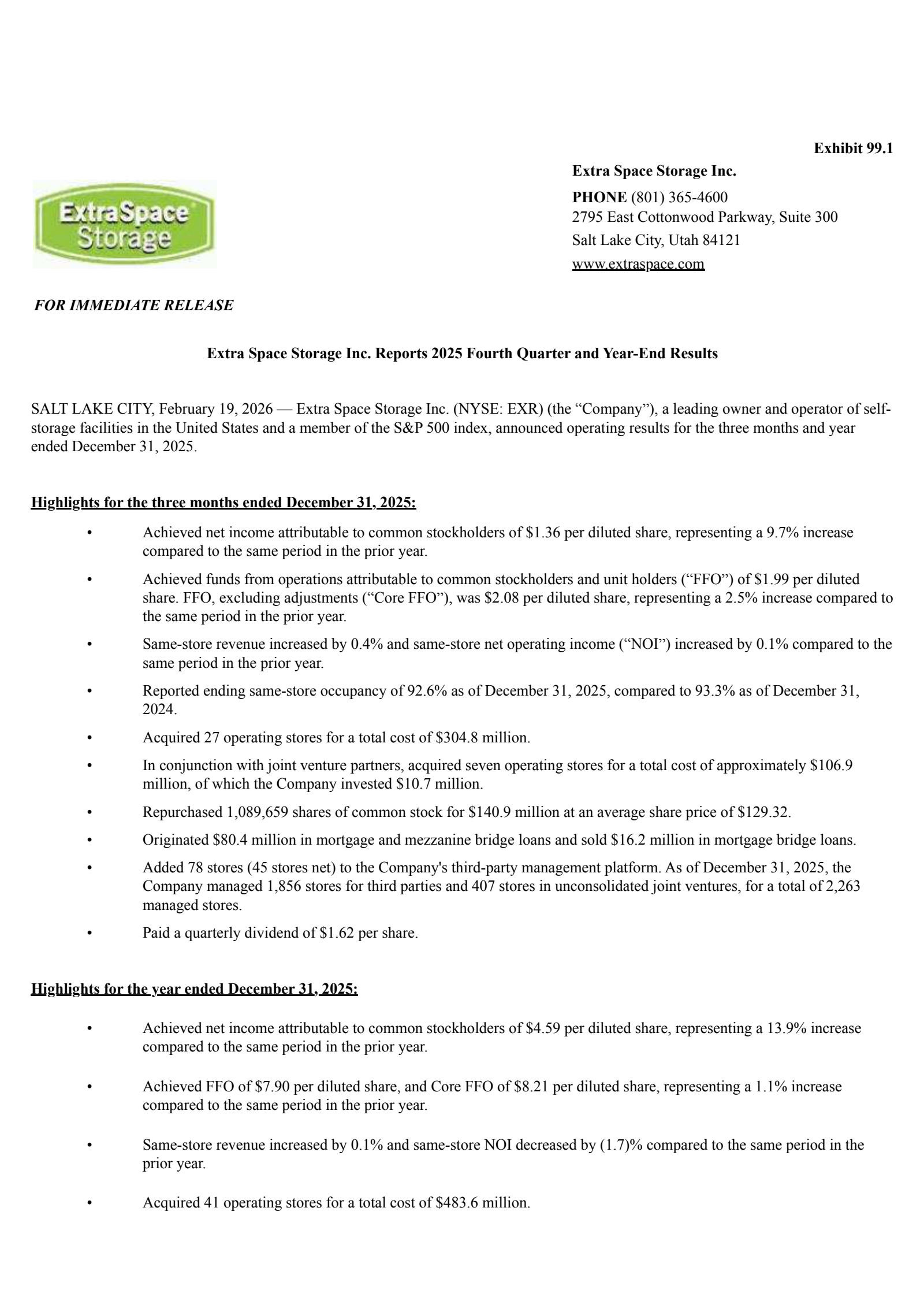 Extra Space Storage's Q4 2025 Press Release