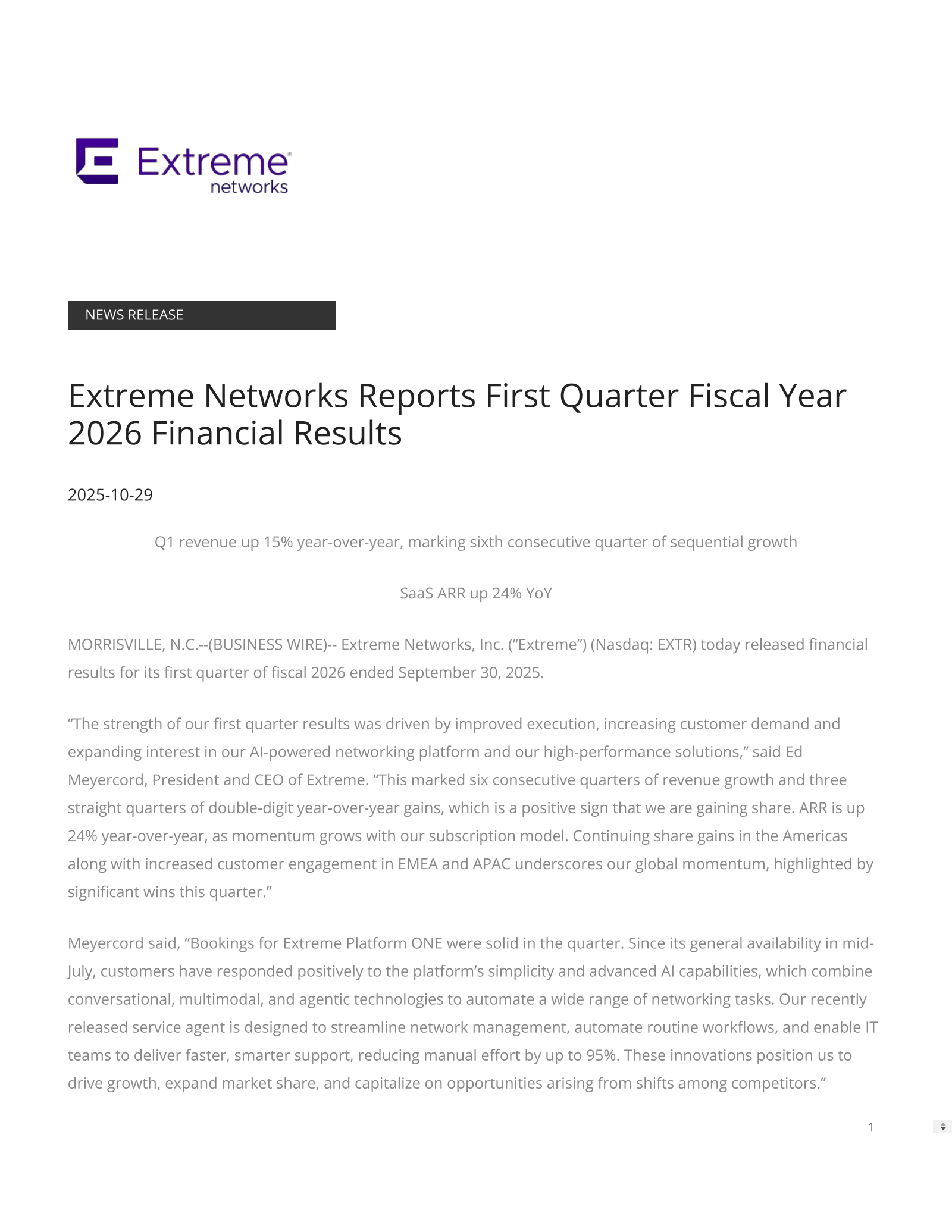 Extreme Networks' Q1 2026 Earnings Release
