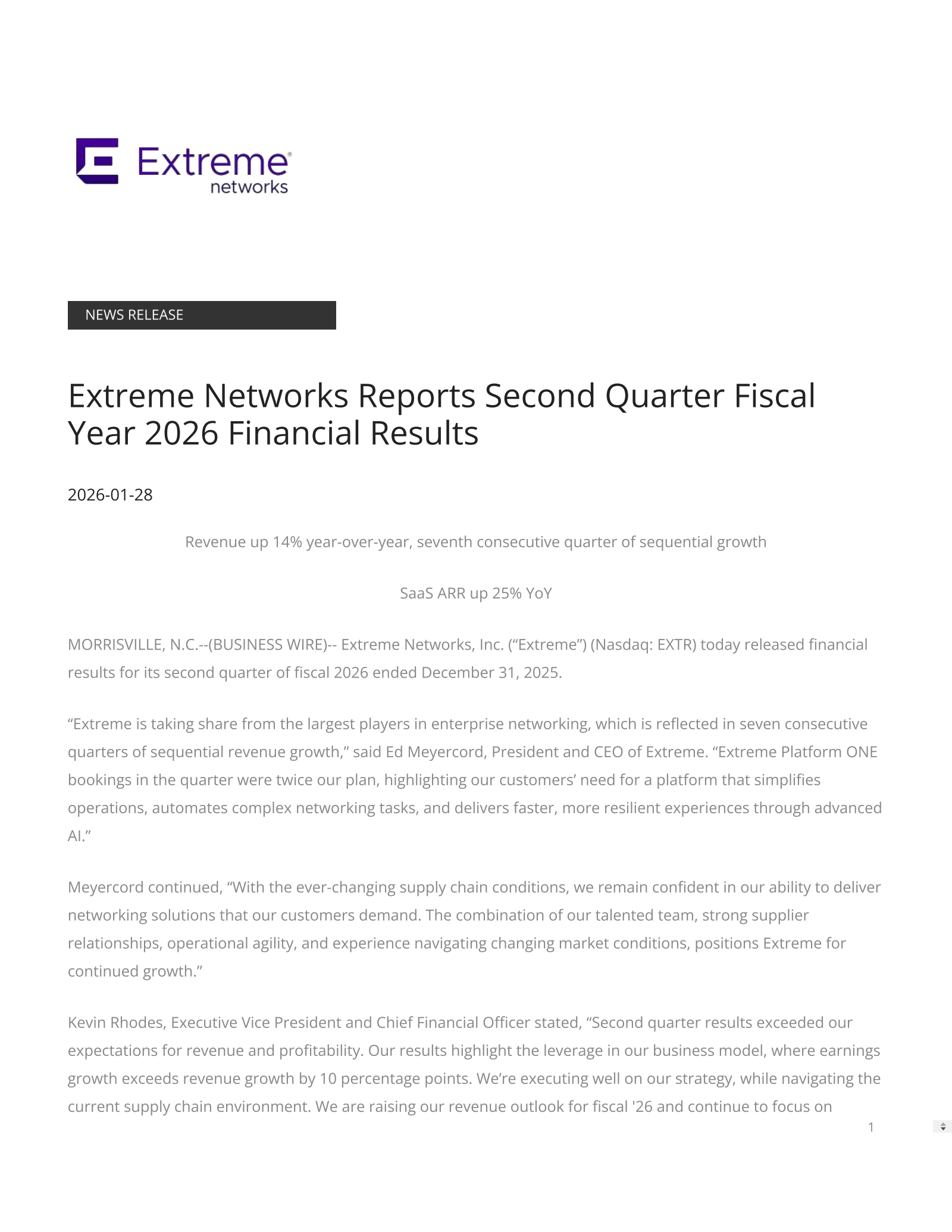 Extreme Networks' Q2 2026 Press Release