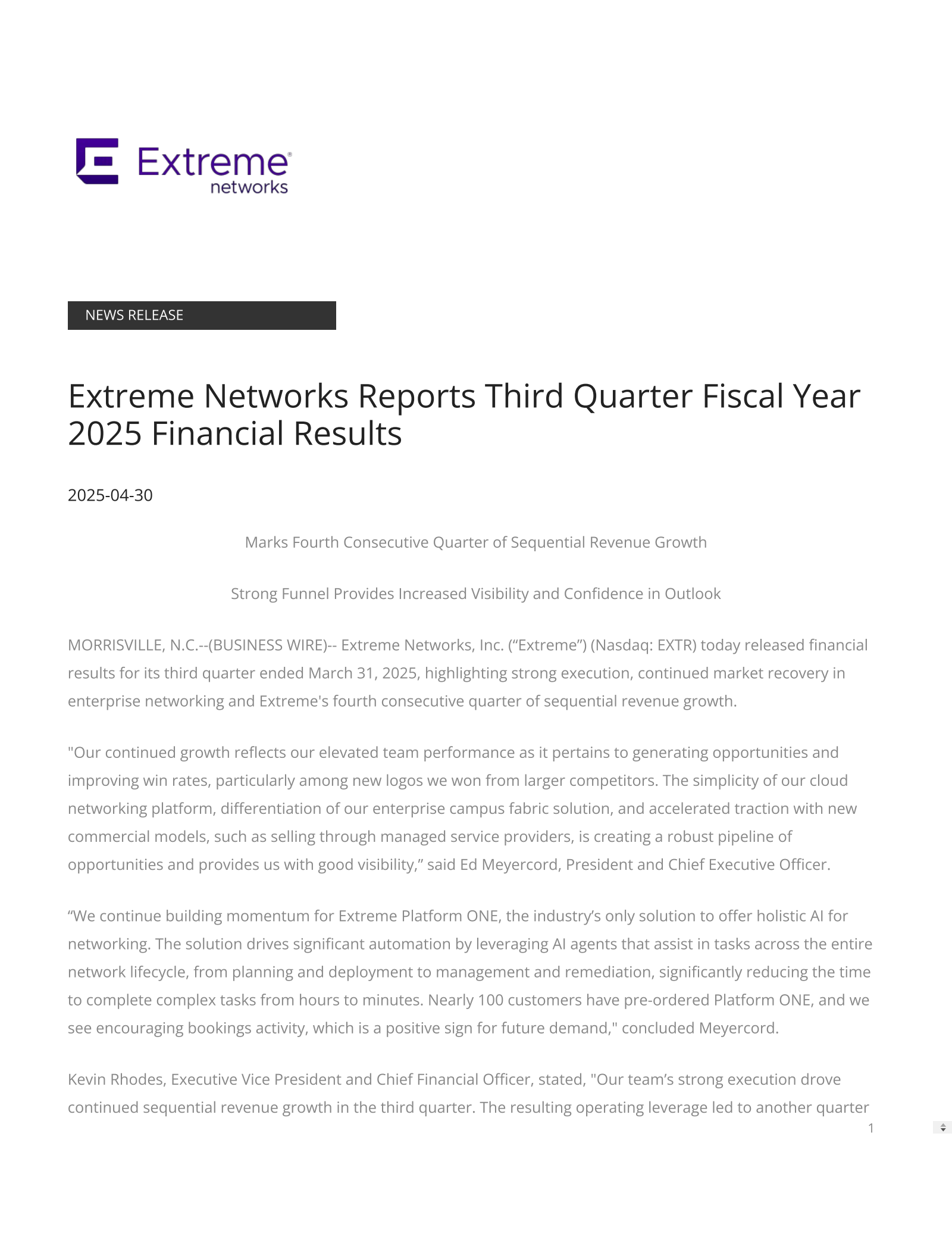 Extreme Networks' Q3 2025 Press Release