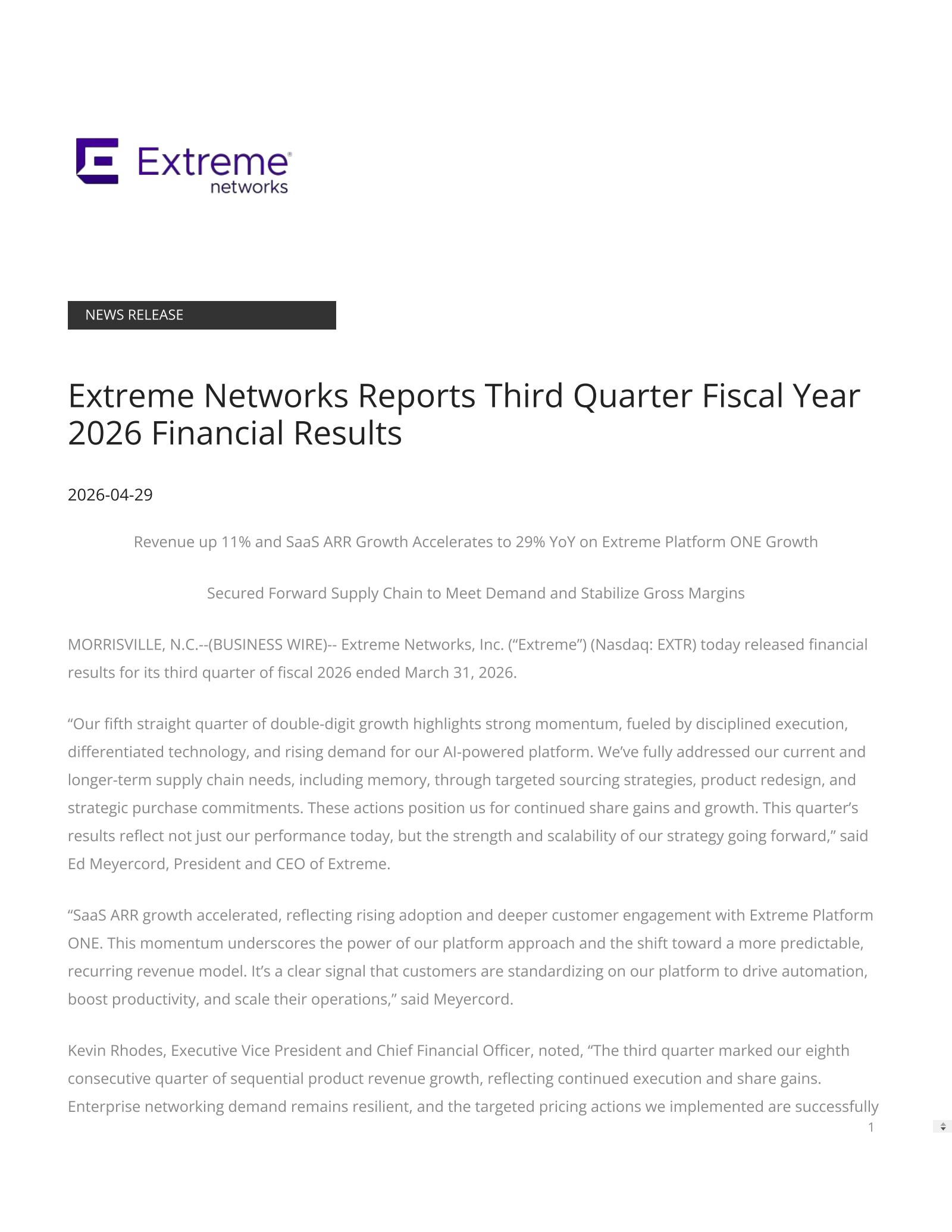 Extreme Networks' Q3 2026 Press Release