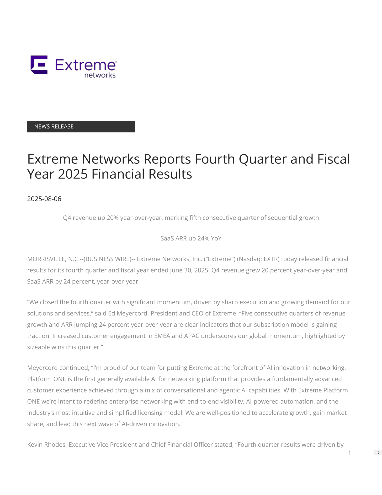 Extreme Networks' Q4 2025 Press Release