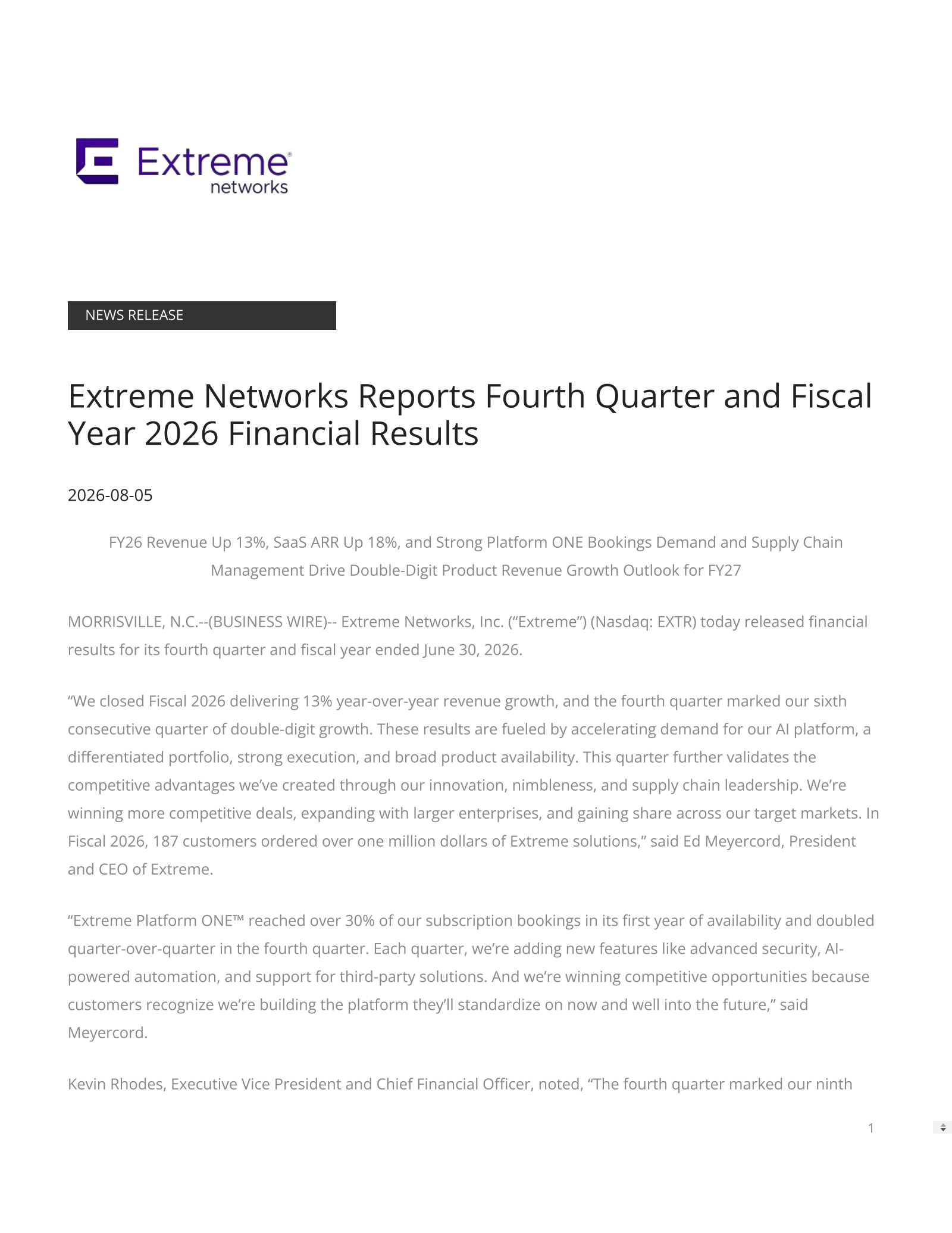 Extreme Networks' Q4 2026 Press Release