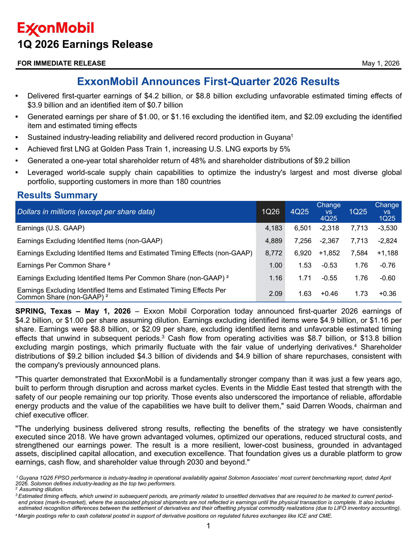 ExxonMobil's Q1 2026 Press Release