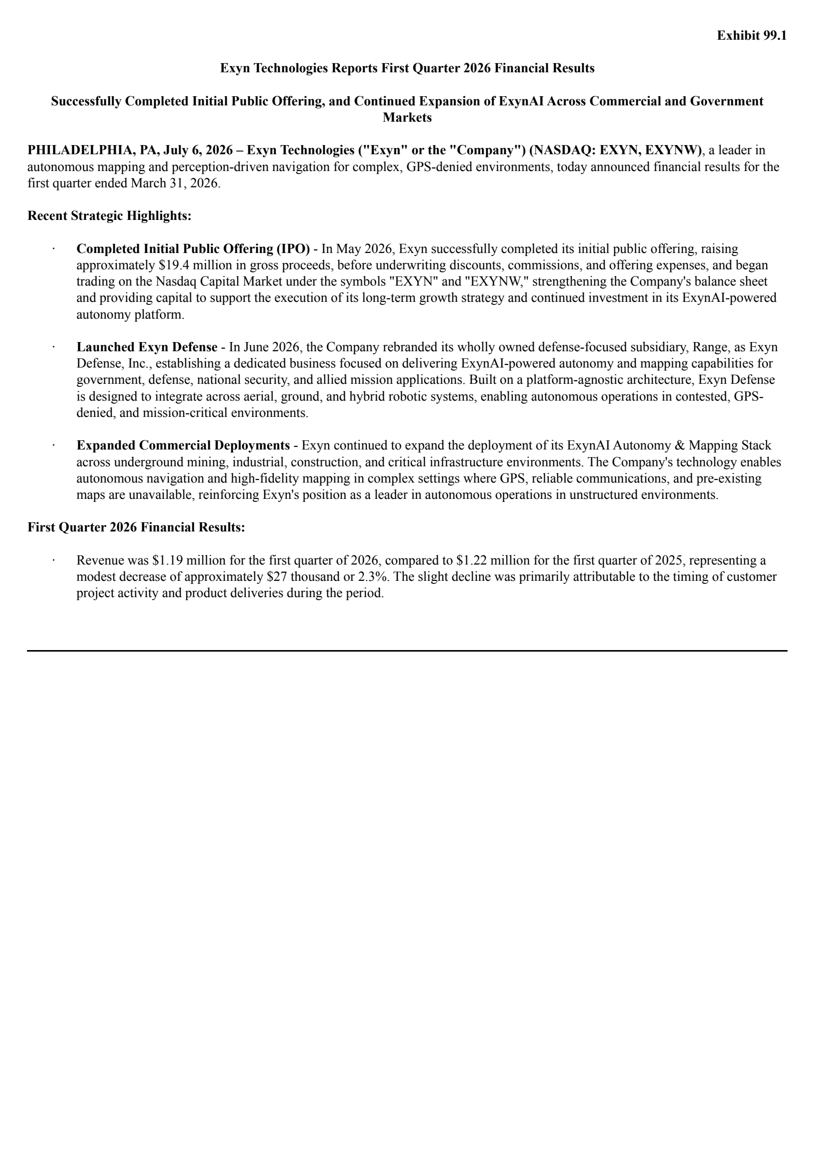 Exyn Technologies' Q1 2026 Press Release