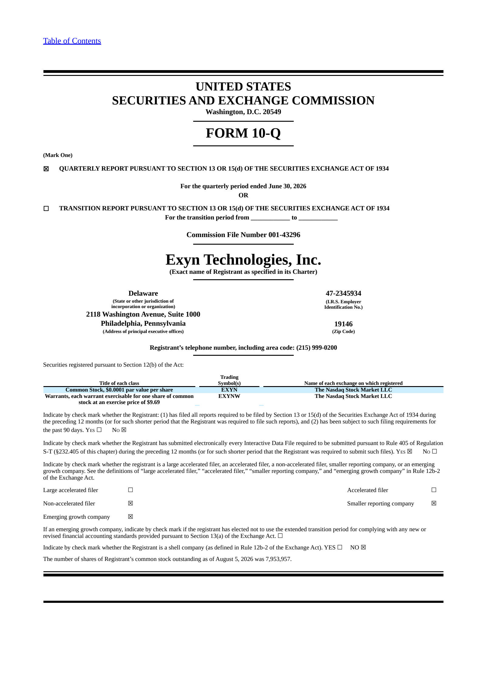 Exyn Technologies' Q2 2026 Quarterly report