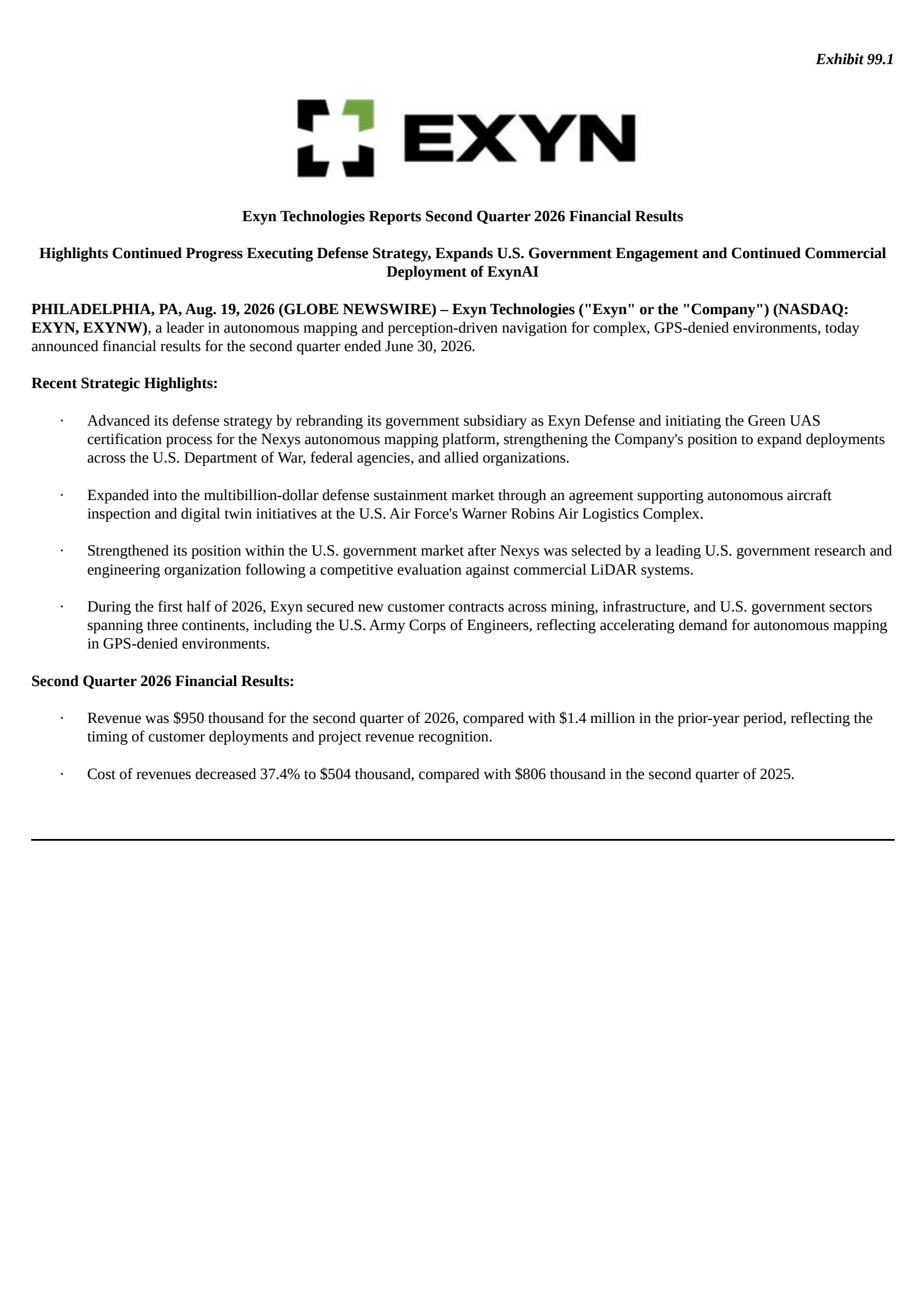 Exyn Technologies' Q2 2026 Press Release