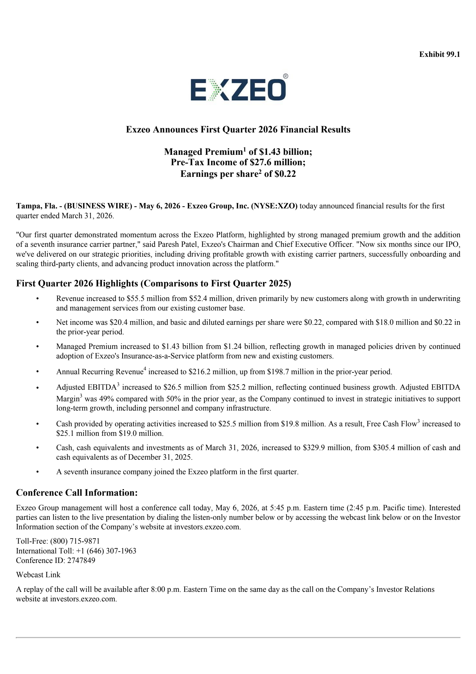 Exzeo Group's Q1 2026 Press Release