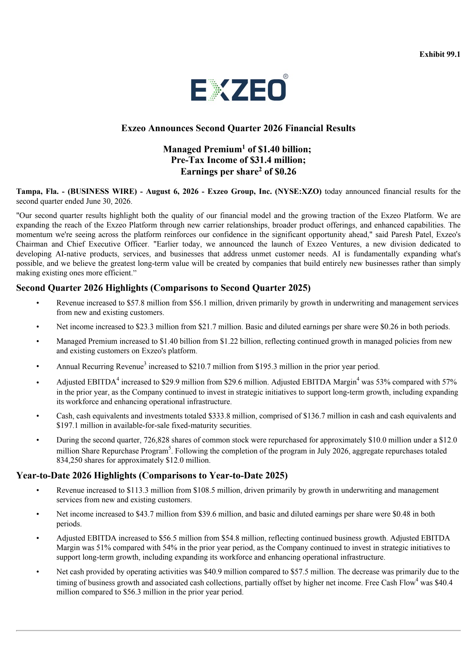 Exzeo Group's Q2 2026 Press Release