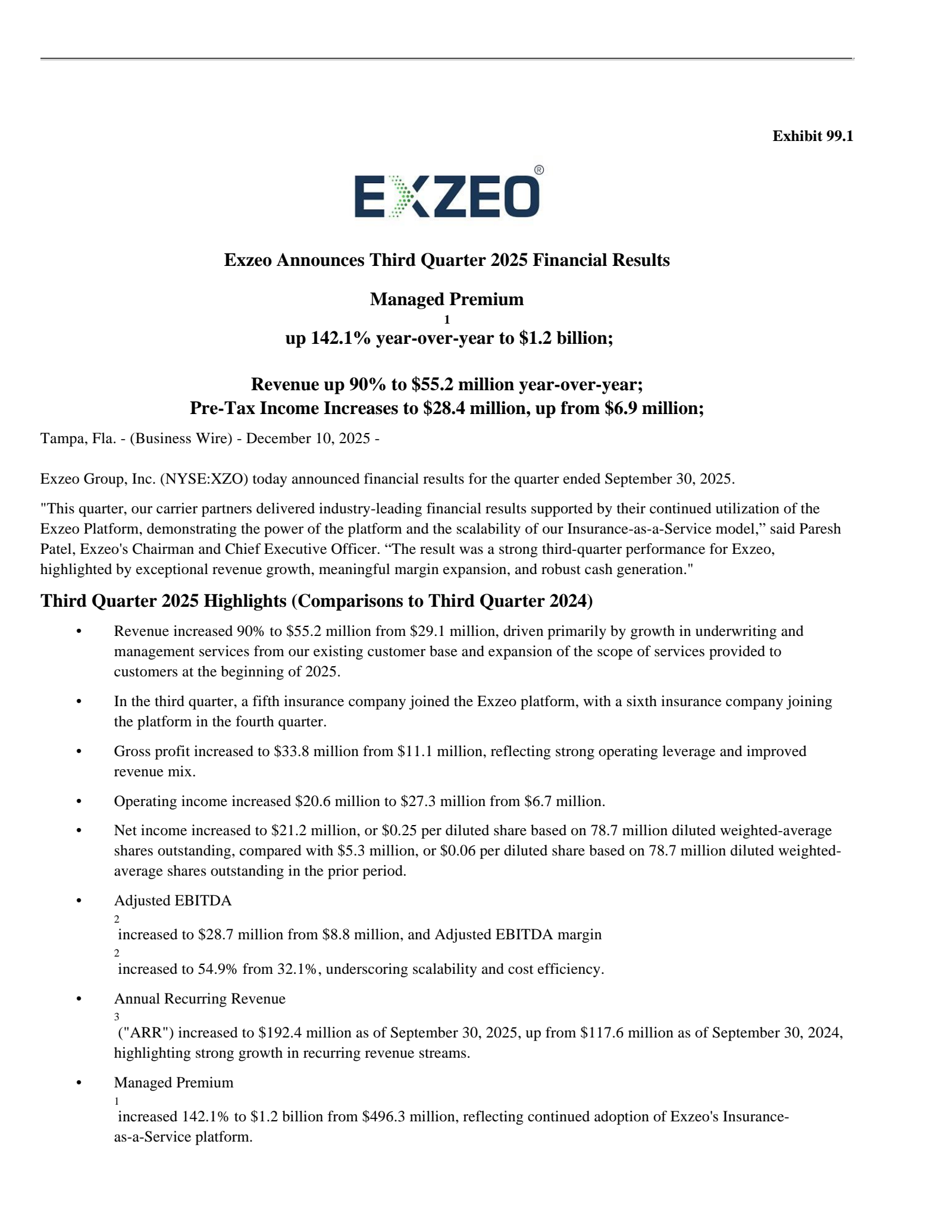 Exzeo Group's Q3 2025 Earnings Release