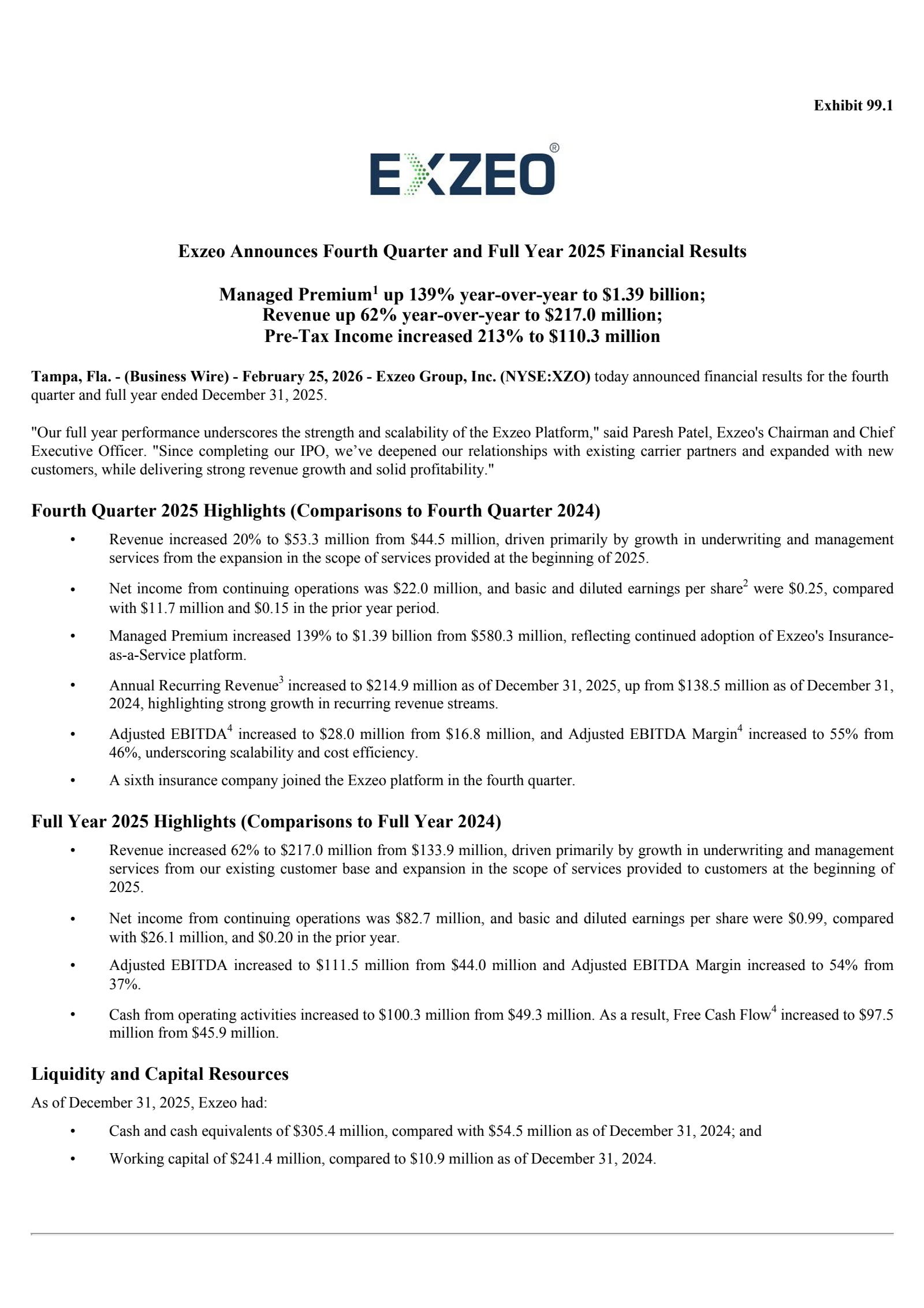 Exzeo Group's Q4 2025 Press Release
