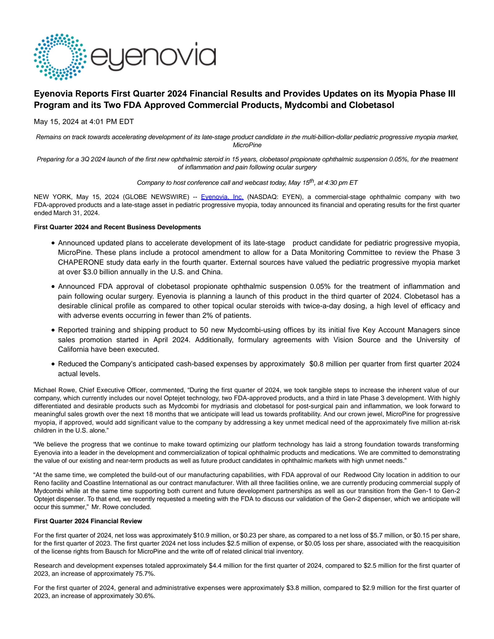Eyenovia's Q1 2024 Press Release