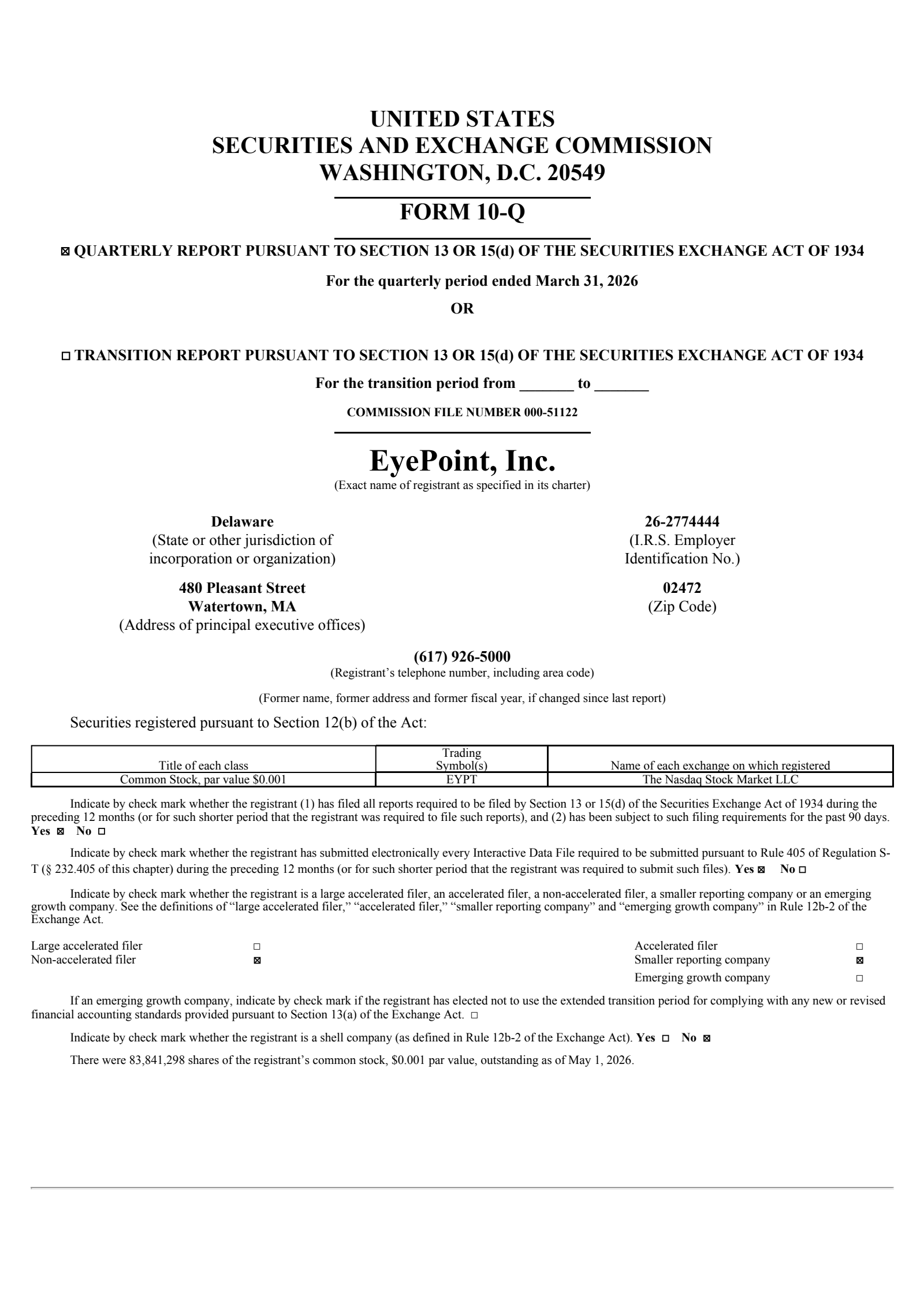 Eyepoint Pharmaceuticals' Q1 2026 Quarterly report