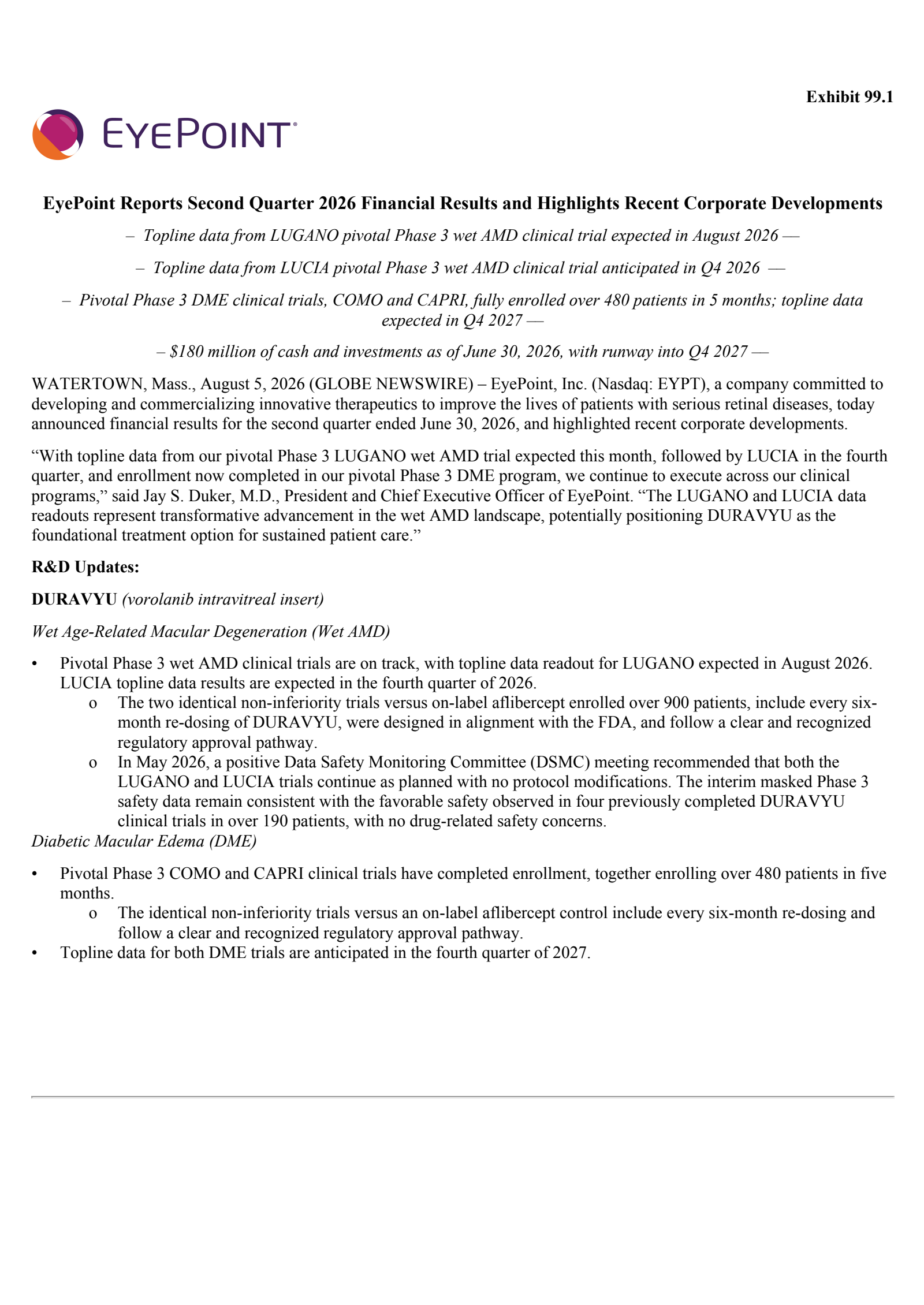 Eyepoint Pharmaceuticals' Q2 2026 Press Release