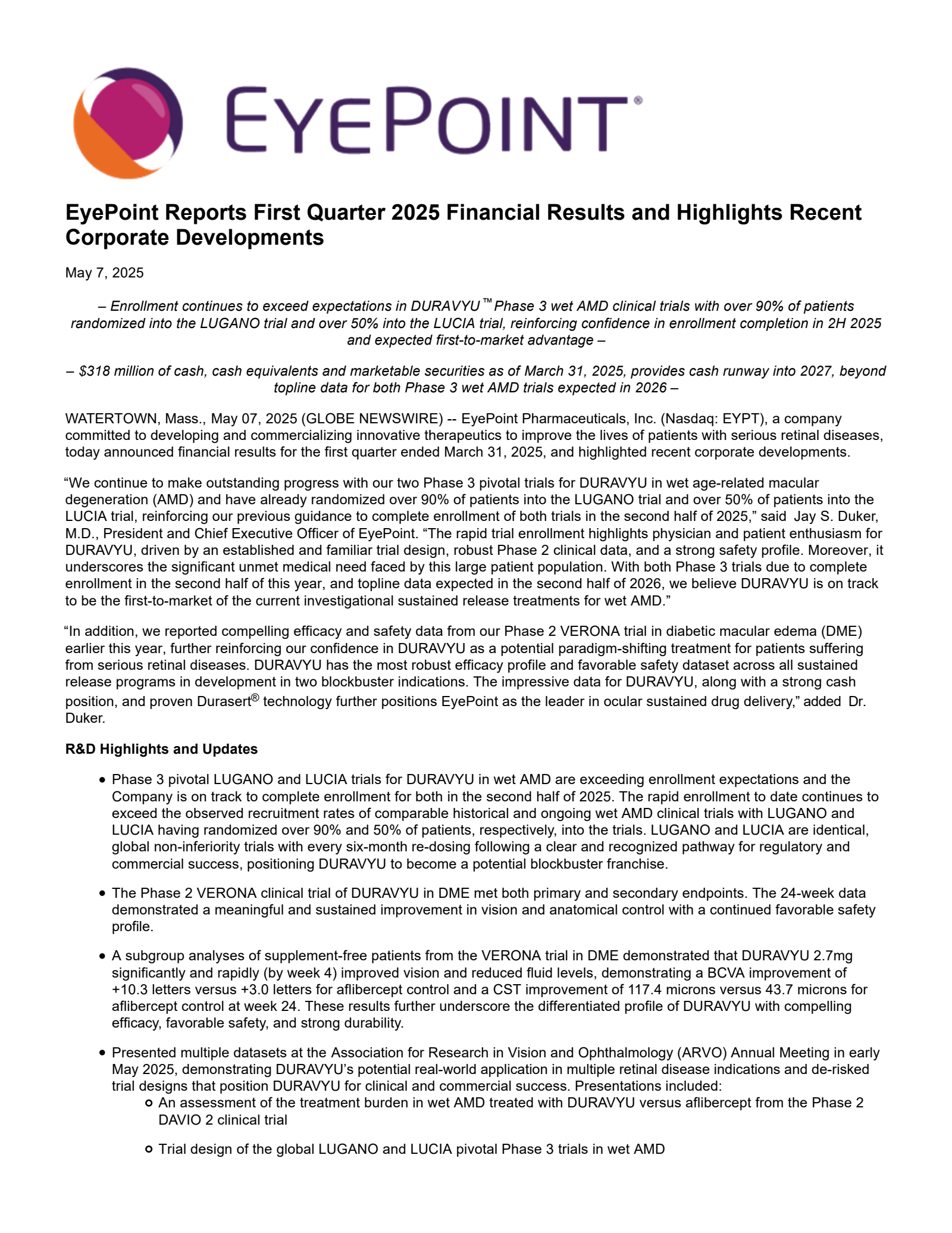EyePoint Pharmaceuticals' Q1 2025 Press Release