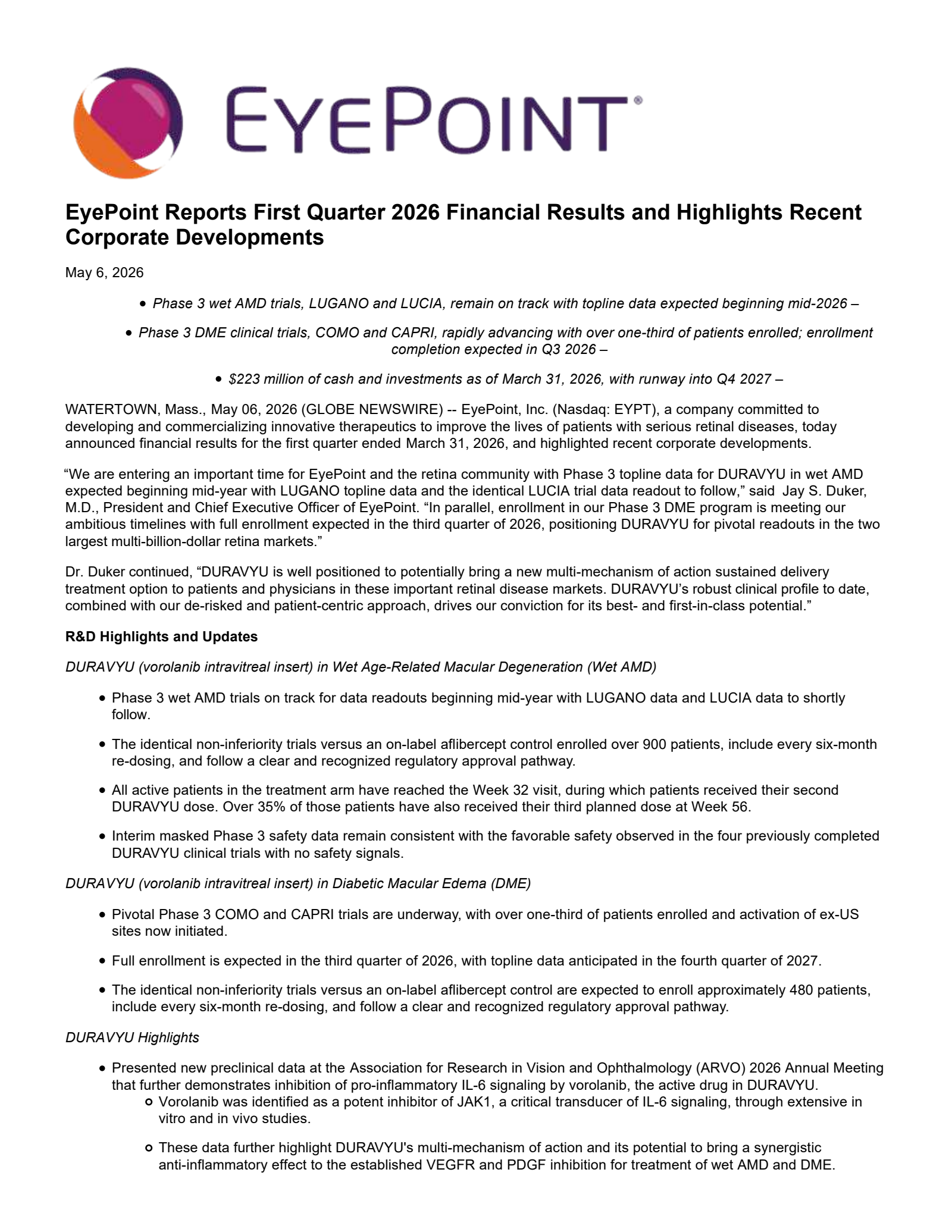 Eyepoint Pharmaceuticals' Q1 2026 Press Release