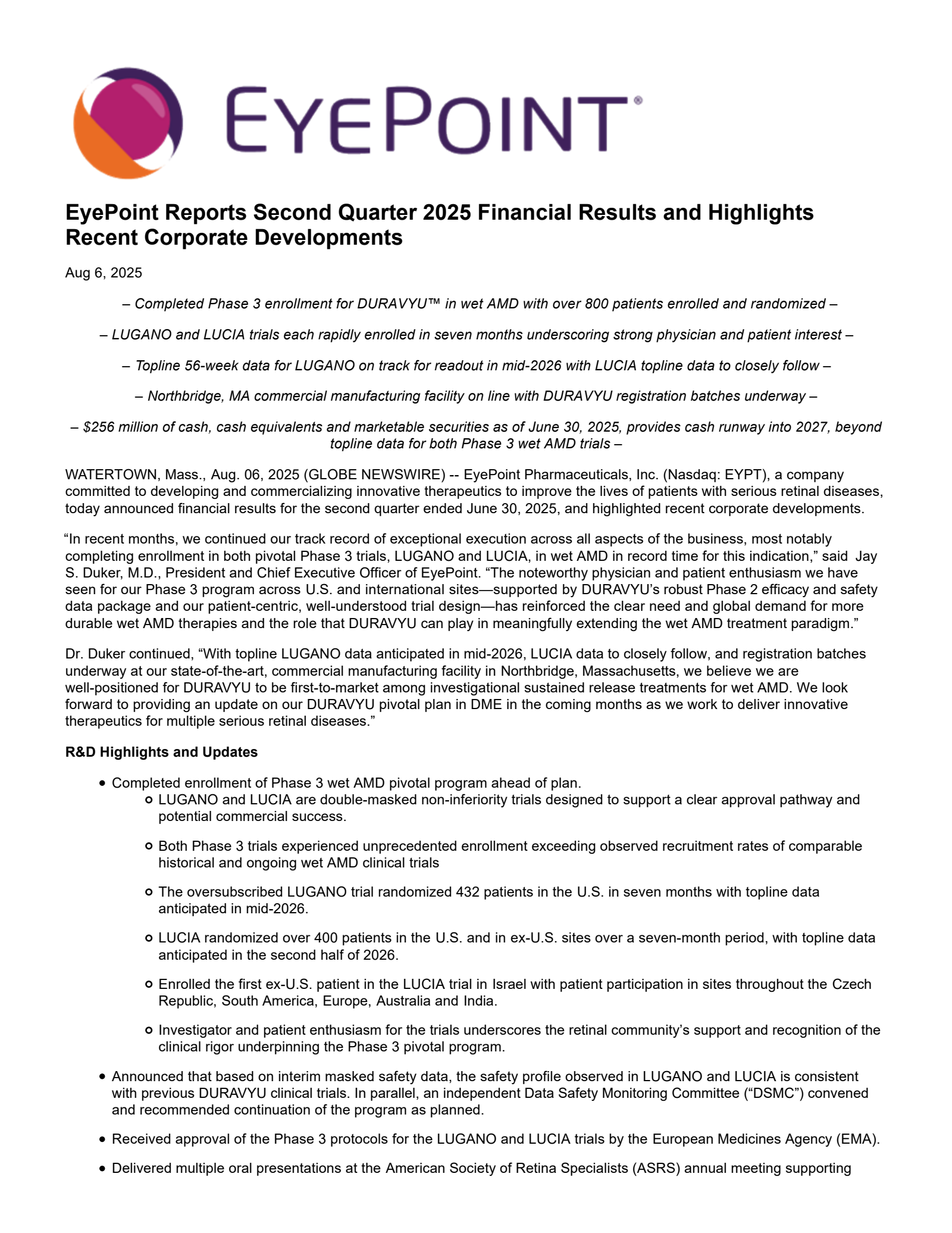 Eyepoint Pharmaceuticals' Q2 2025 Press Release