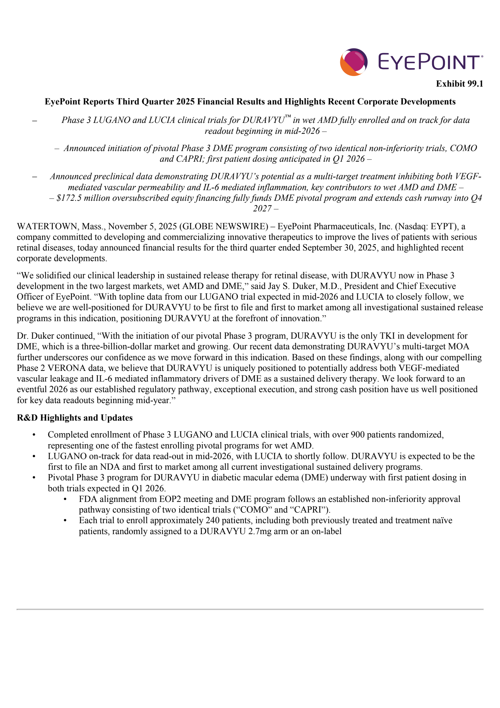 Eyepoint Pharmaceuticals' Q3 2025 Earnings Release