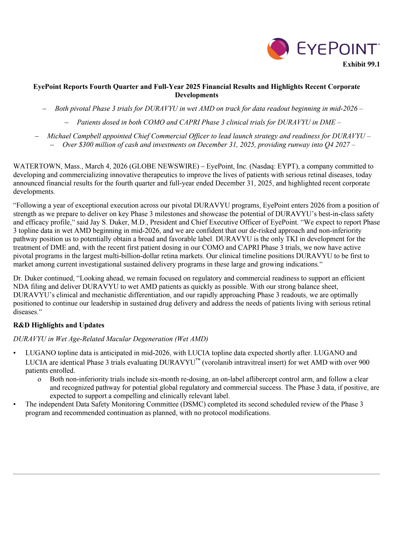 Eyepoint Pharmaceuticals' Q4 2025 Press Release