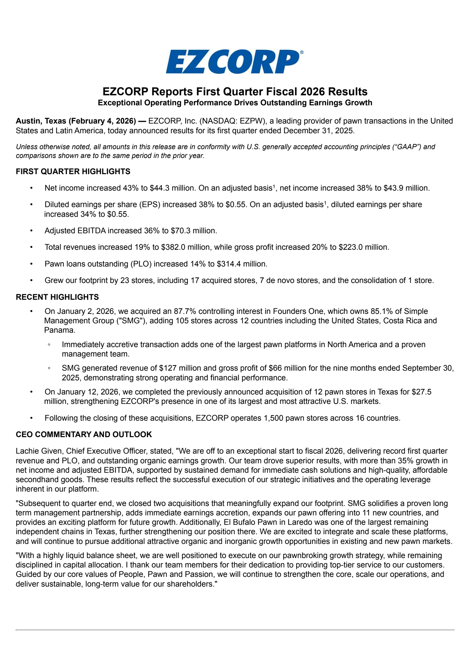 EZCORP's Q1 2026 Press Release