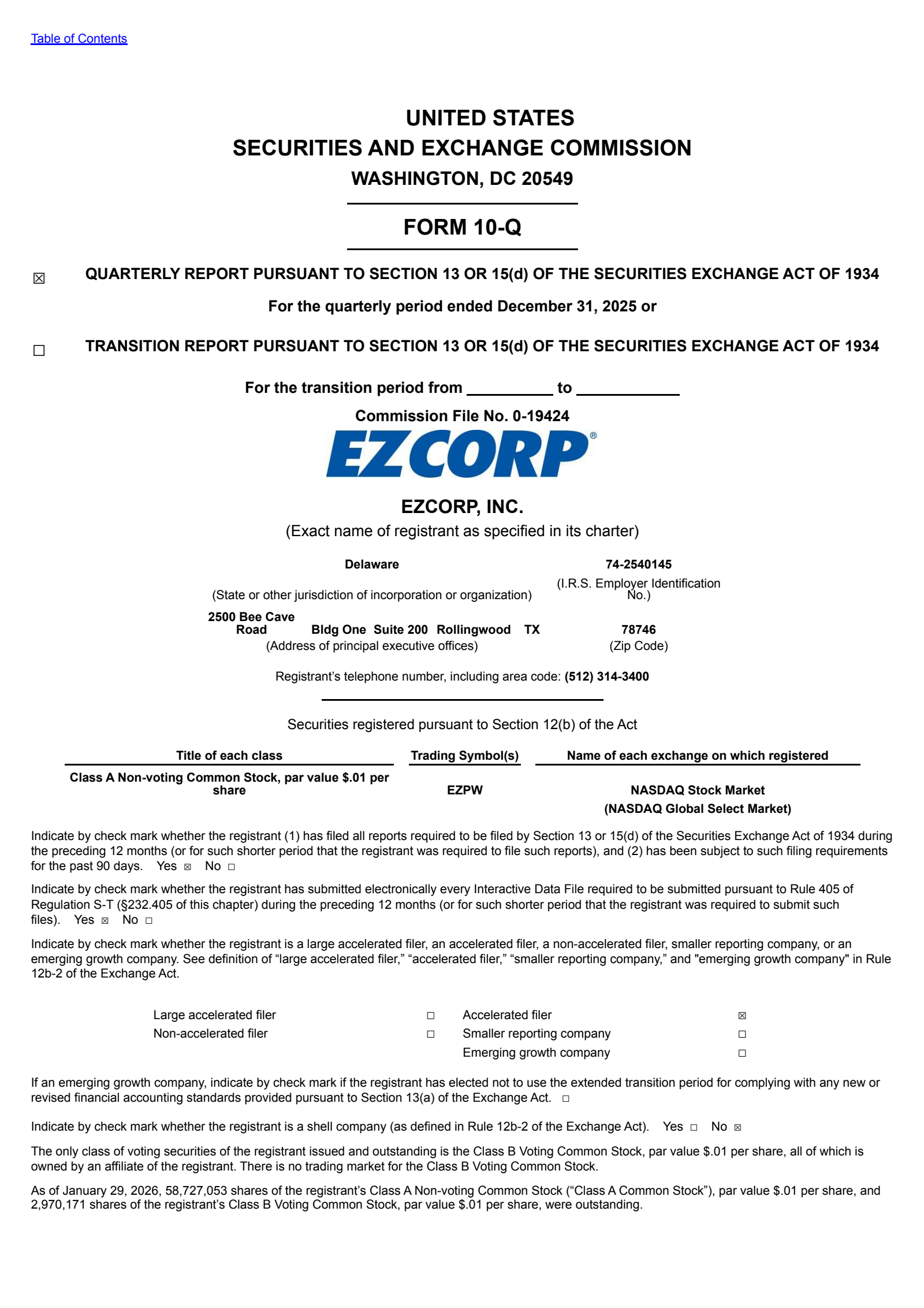 EZCORP's Q1 2026 Quarterly report