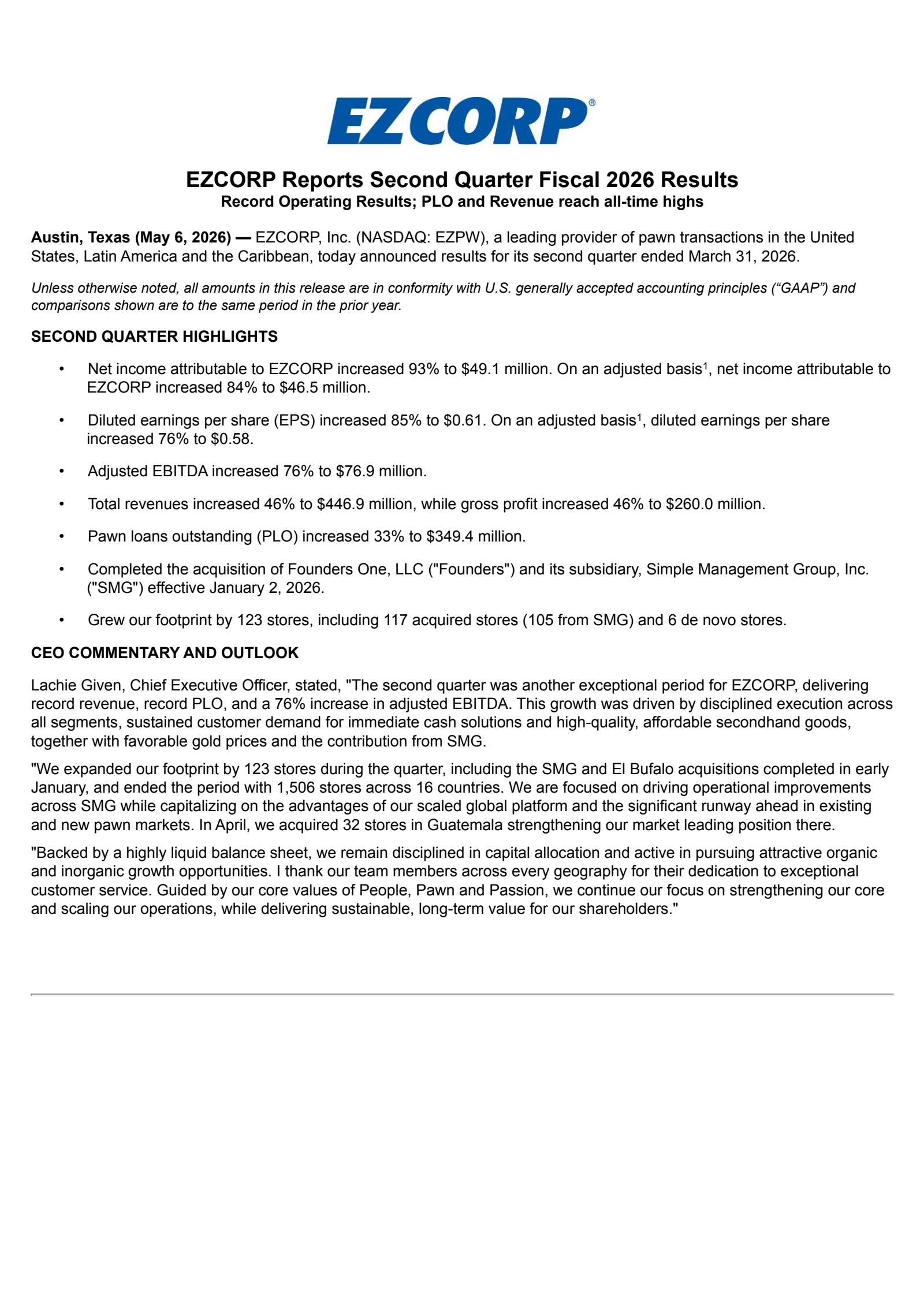 EZCORP's Q2 2026 Press Release