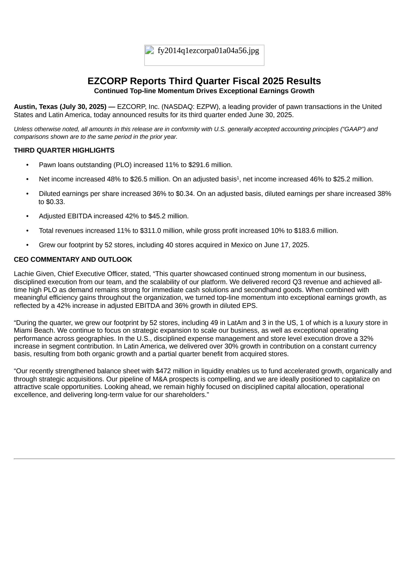 EZCORP's Q3 2025 Press Release