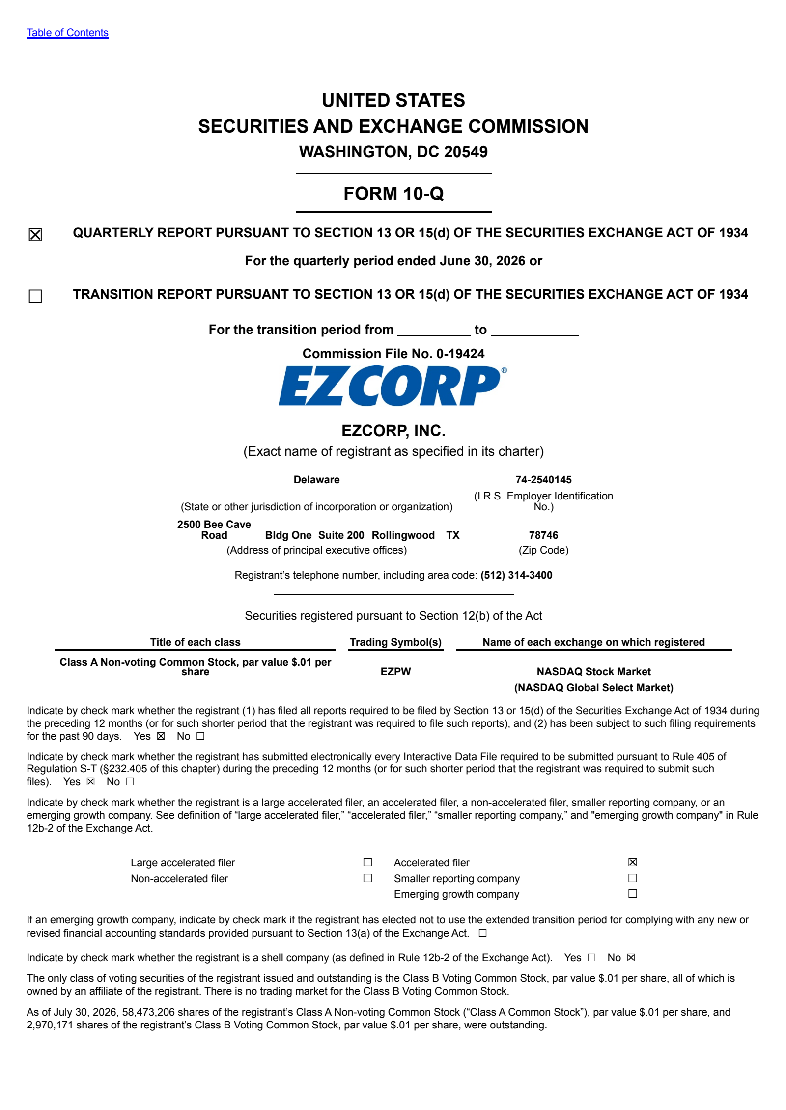 EZCORP's Q3 2026 Quarterly report
