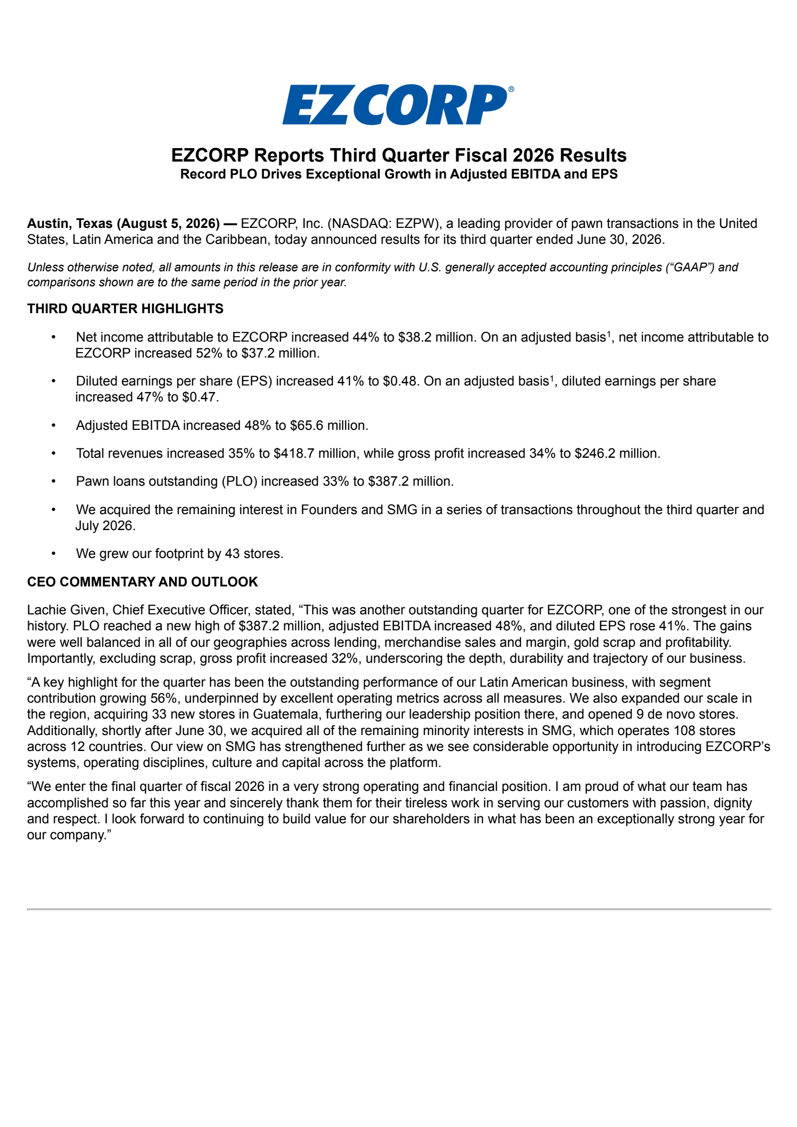 EZCORP's Q3 2026 Press Release