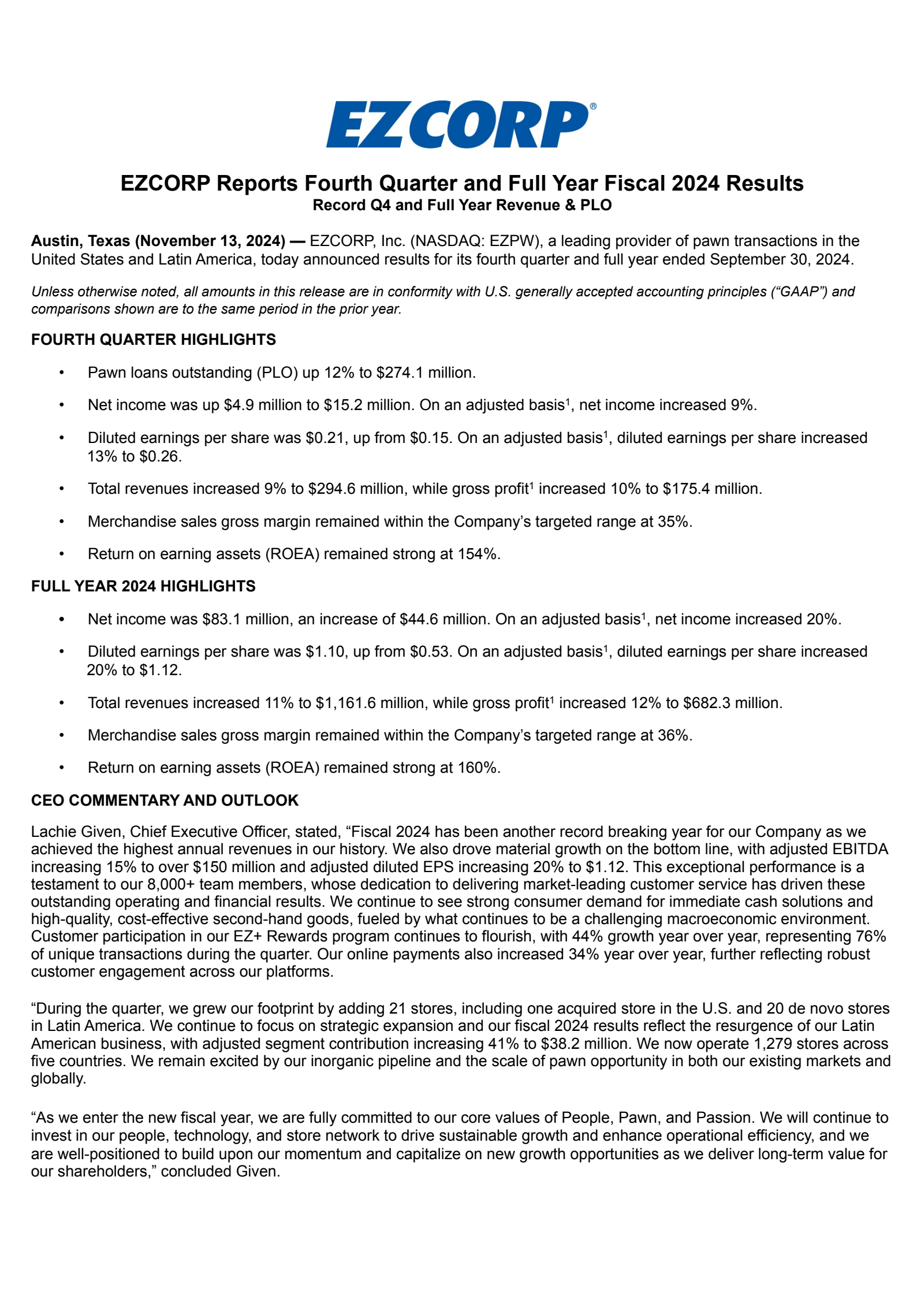 EZCORP's Q4 2024 Press Release