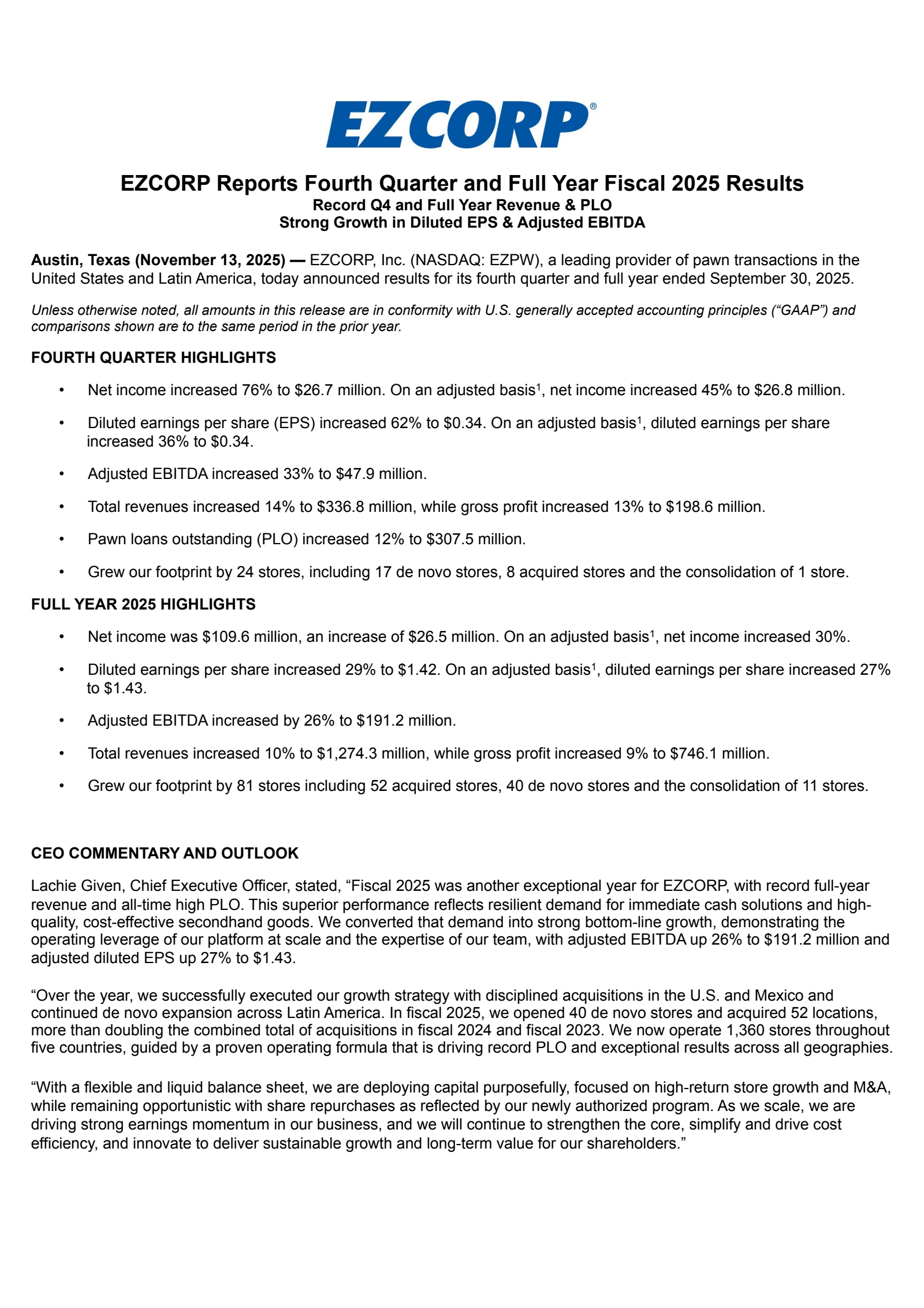 EZCORP's Q4 2025 Earnings Release
