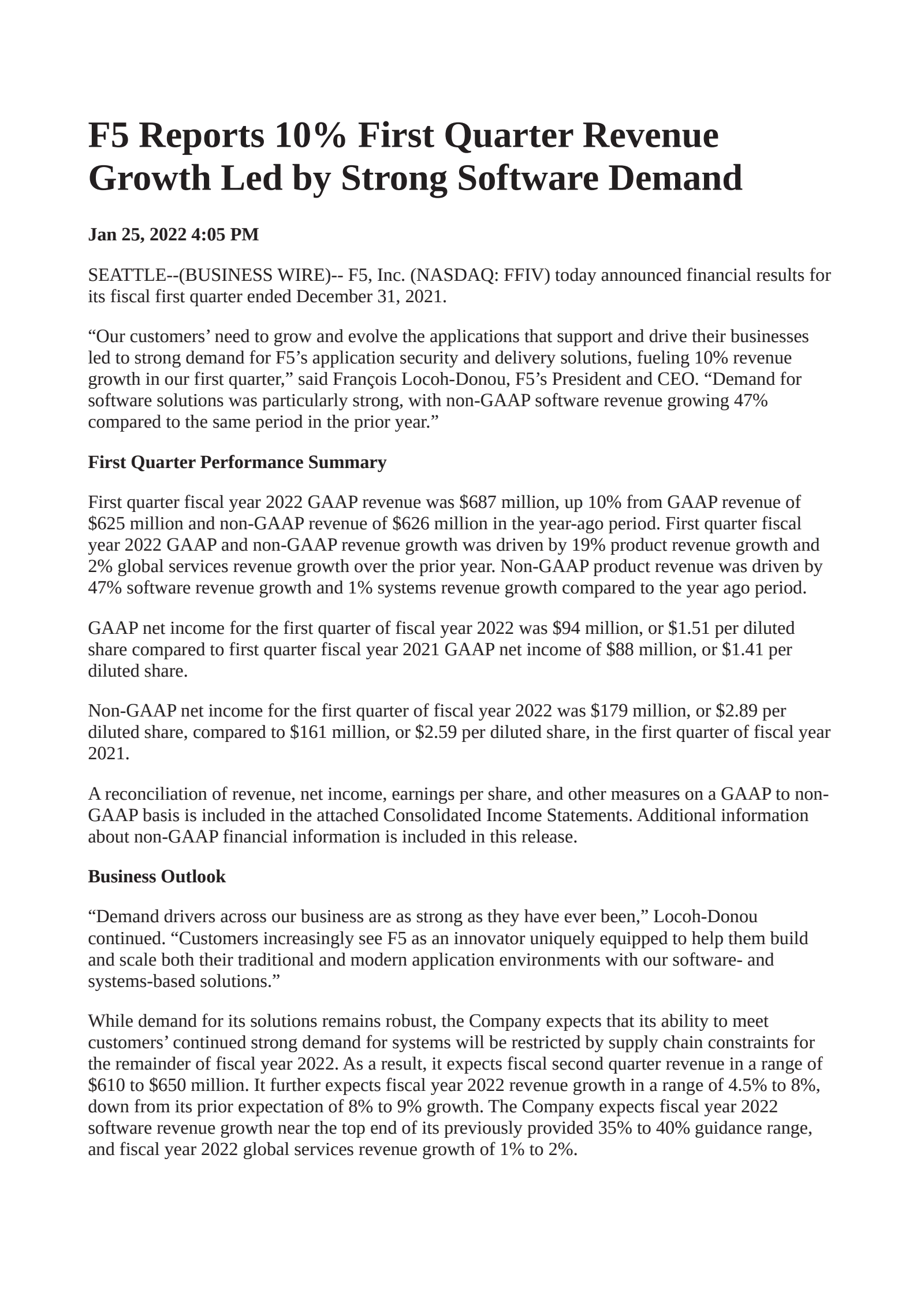 F5's Q1 2022 Earnings Release