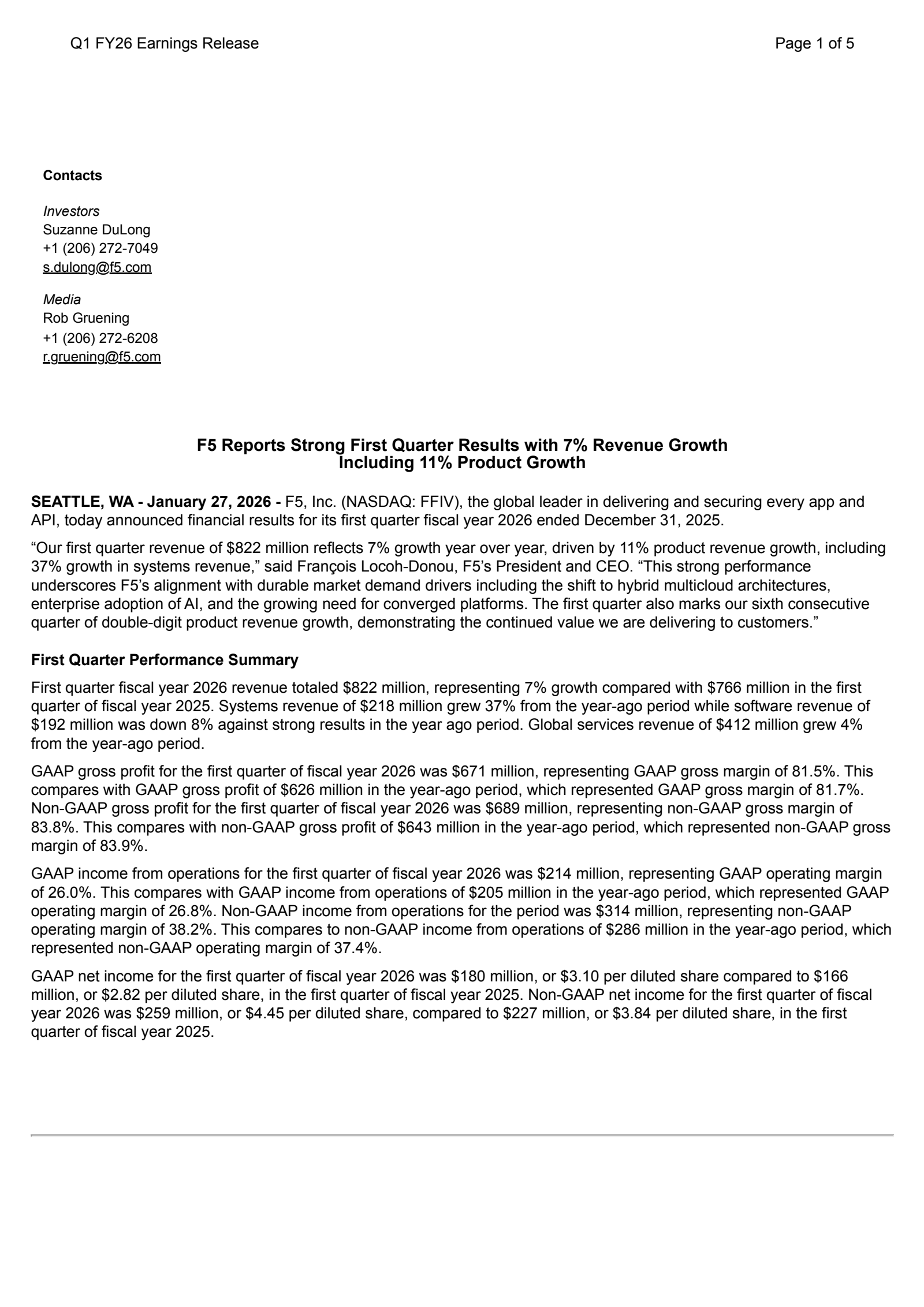 F5's Q1 2026 Press Release