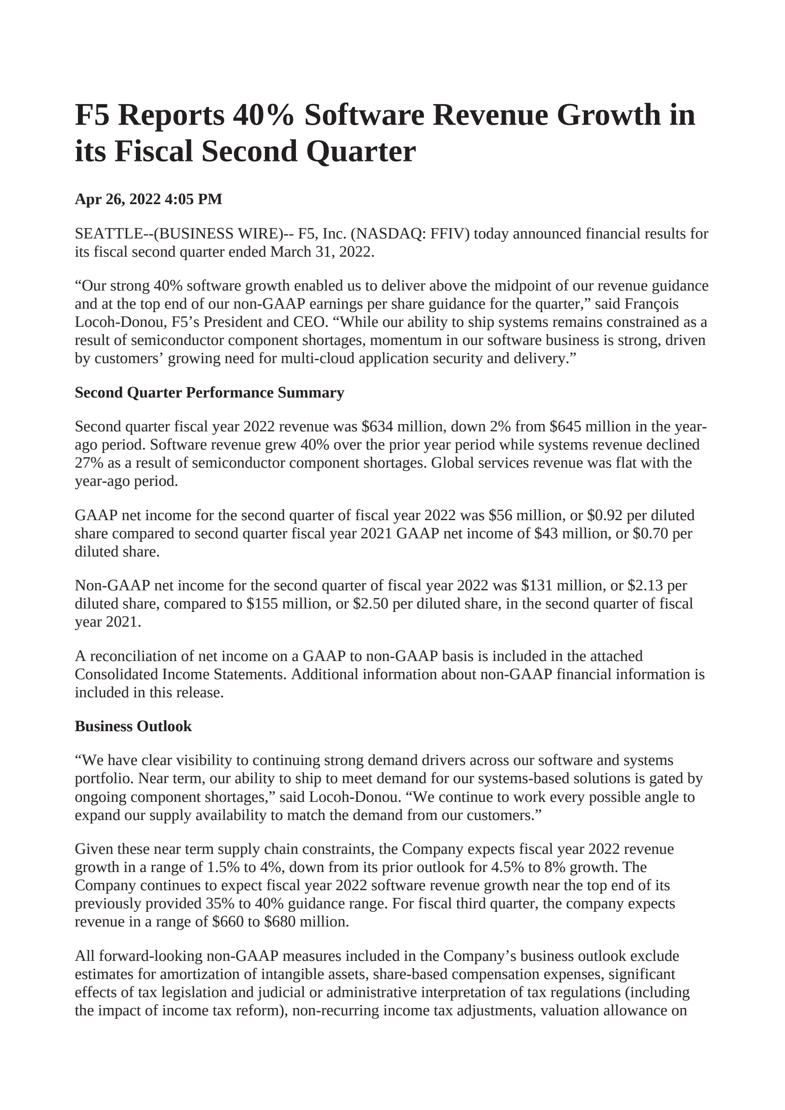F5's Q2 2022 Earnings Release