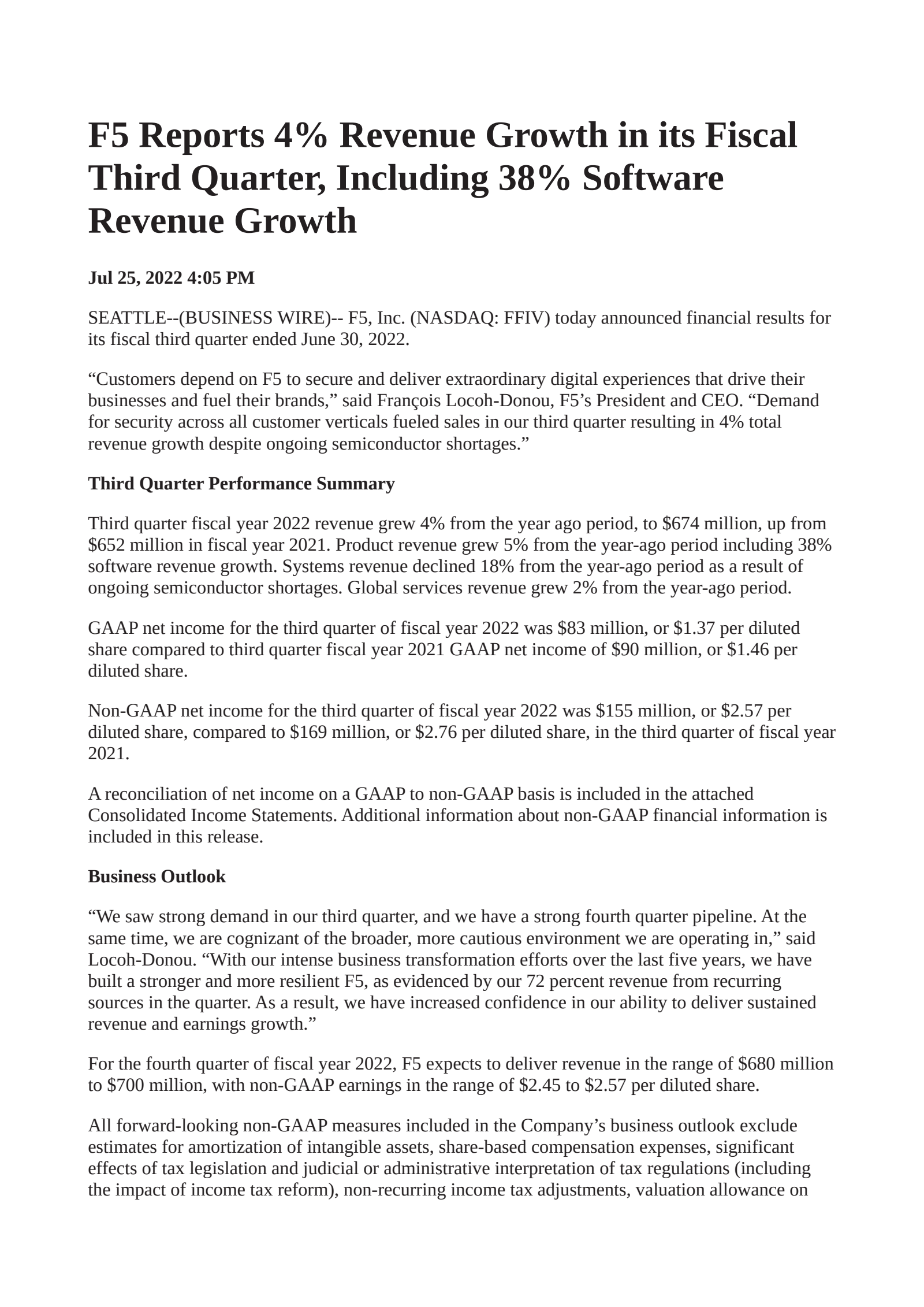 F5's Q3 2022 Earnings Release