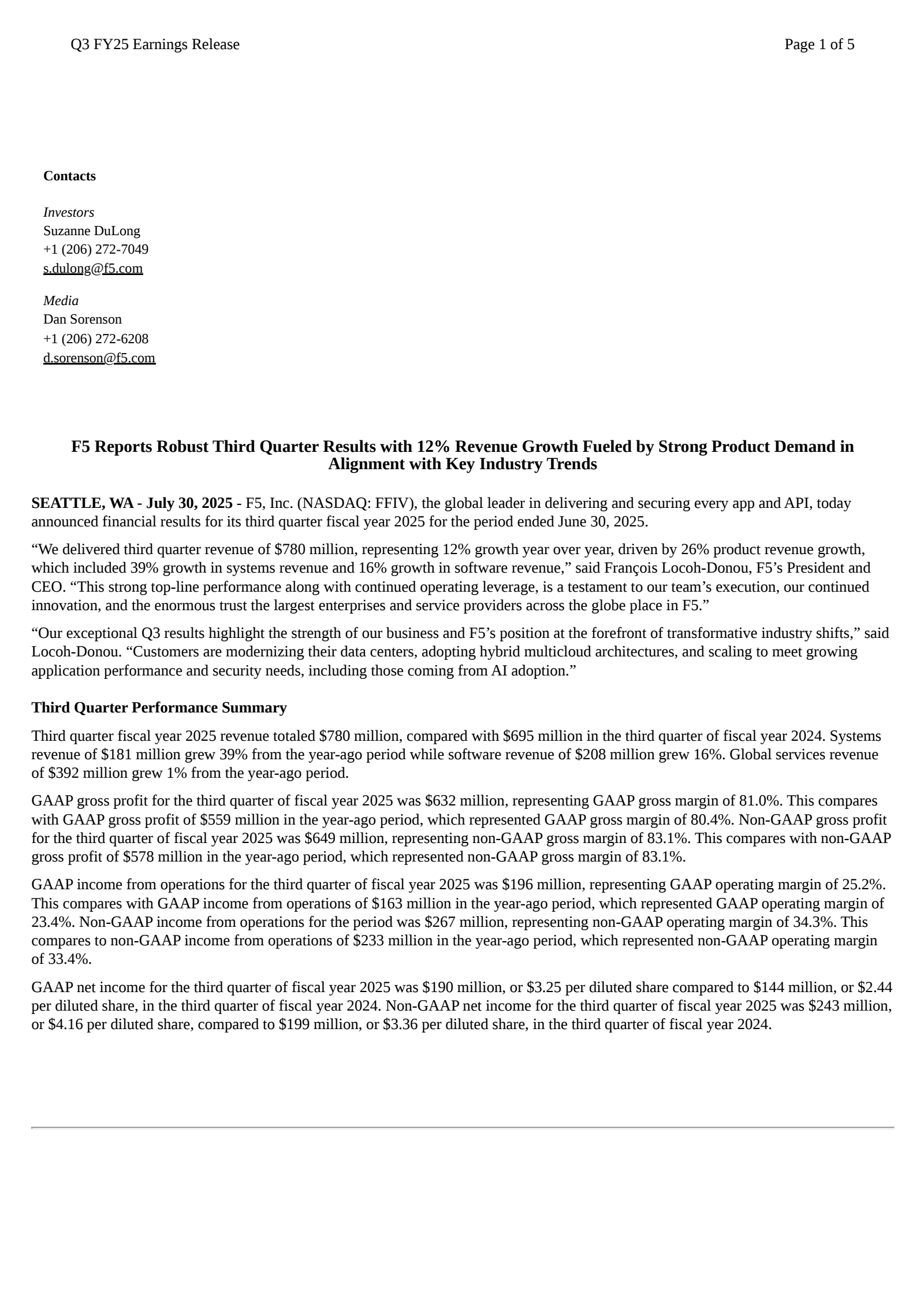 F5's Q3 2025 Press Release