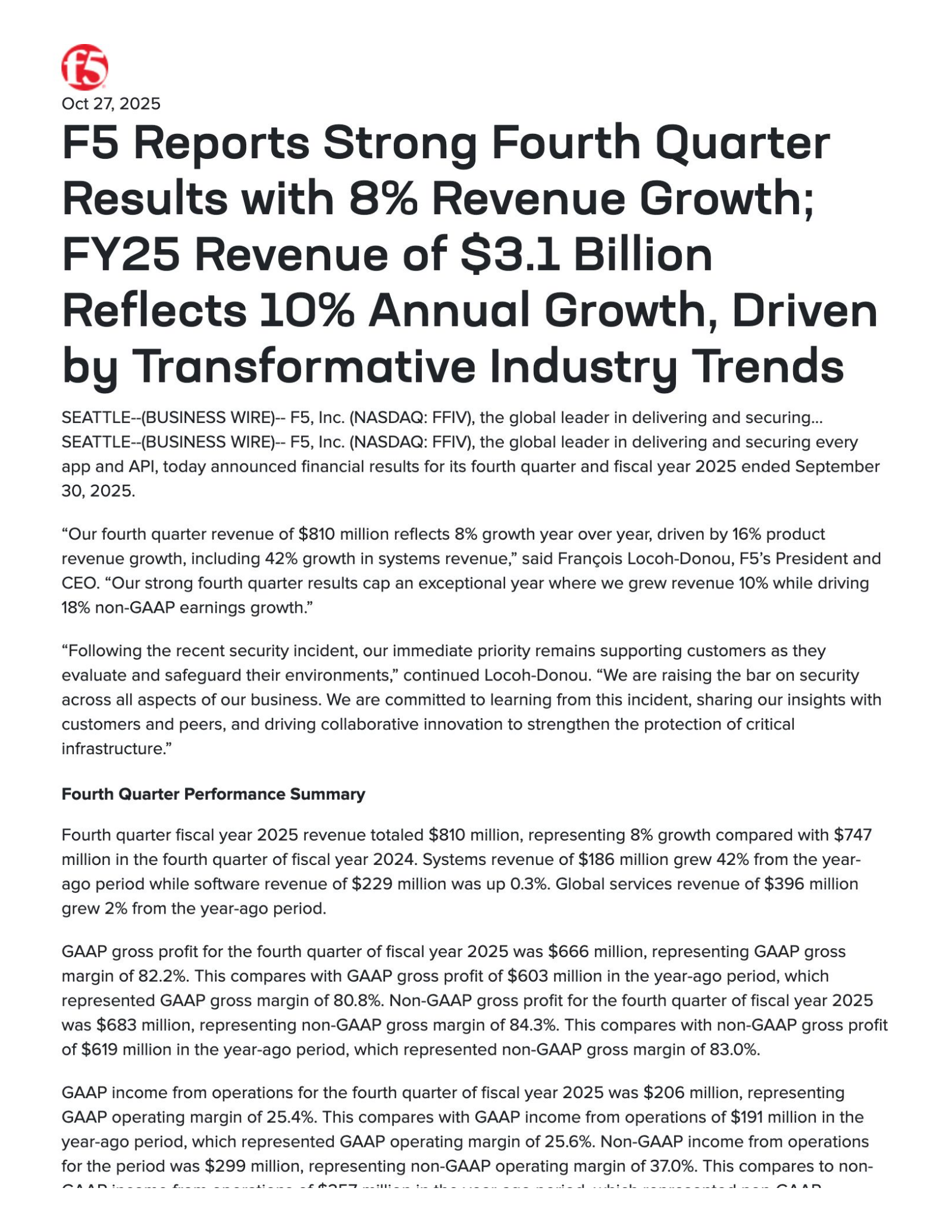 F5's Q4 2025 Earnings Release
