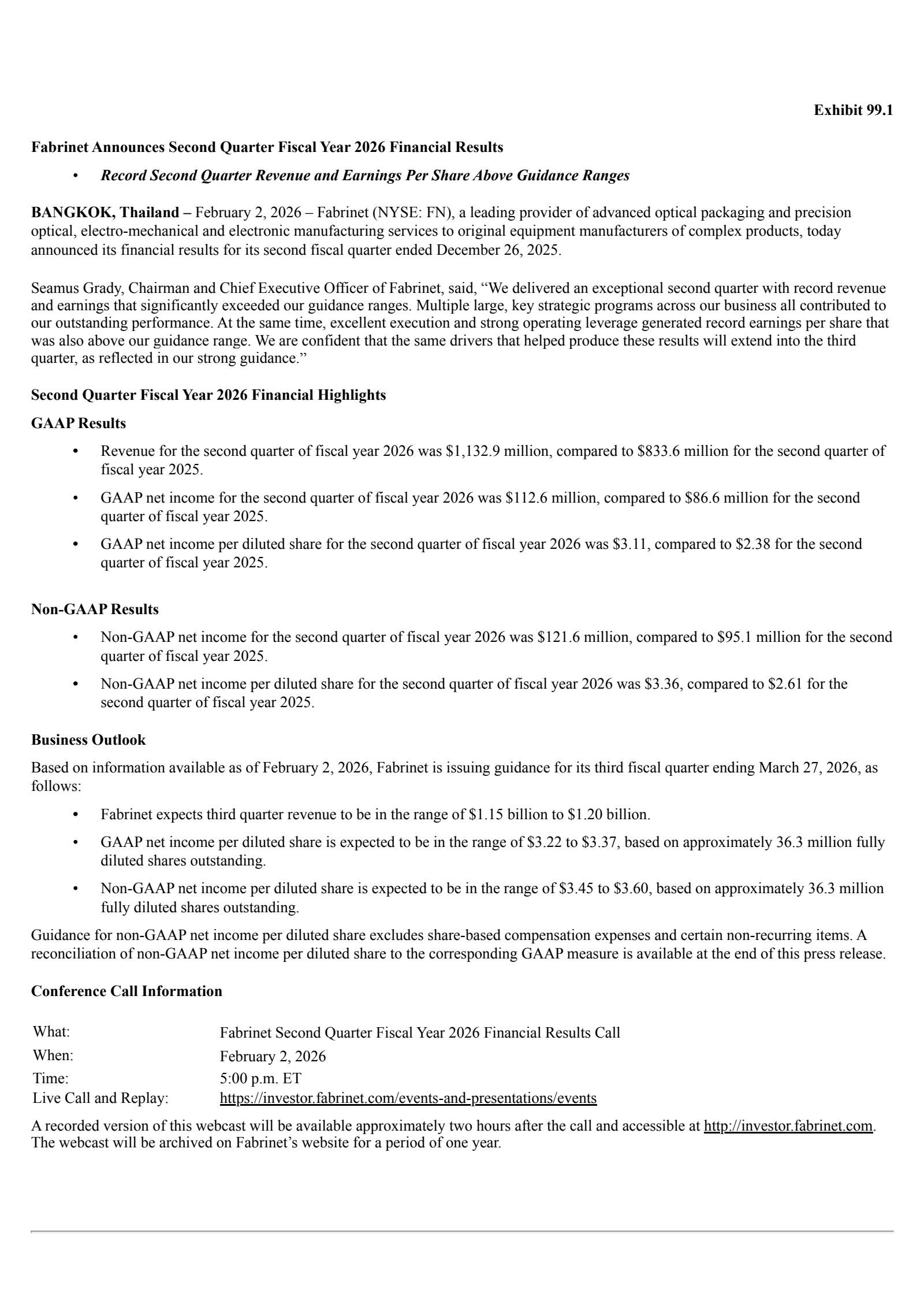 Fabrinet's Q2 2026 Press Release