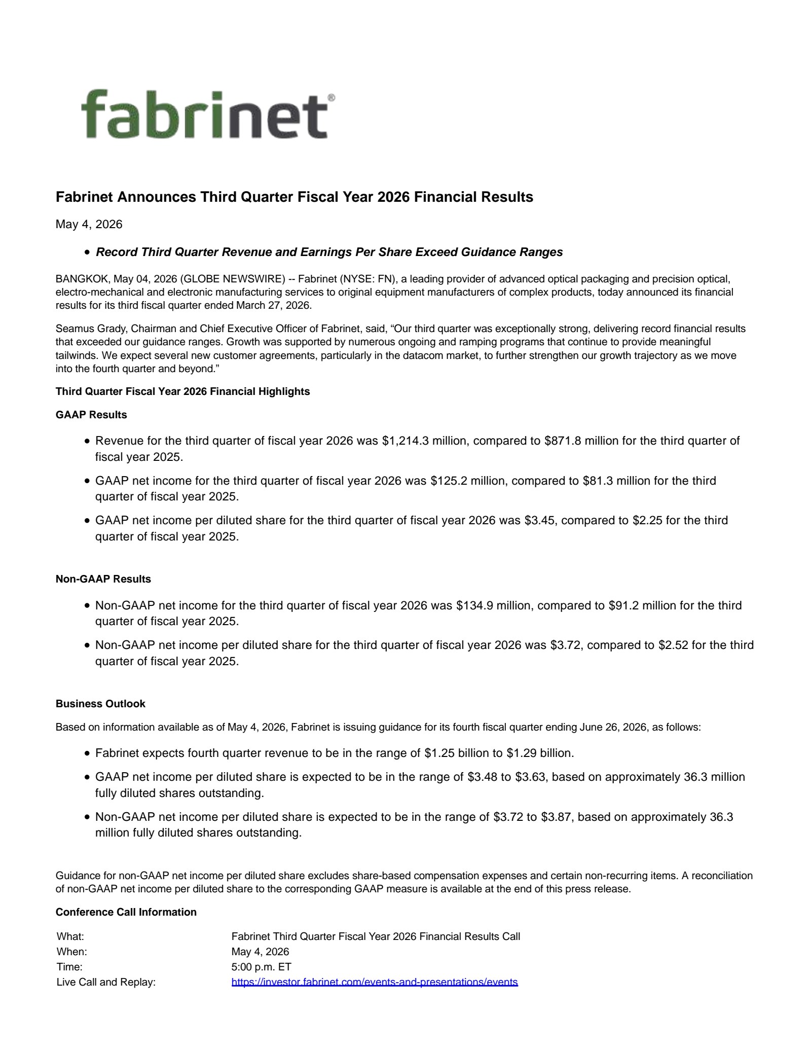 Fabrinet's Q3 2026 Press Release