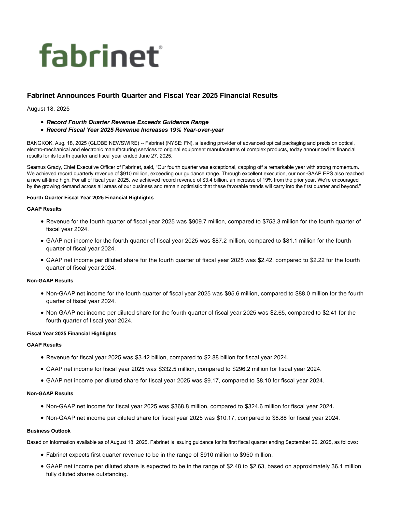 Fabrinet's Q4 2025 Press Release