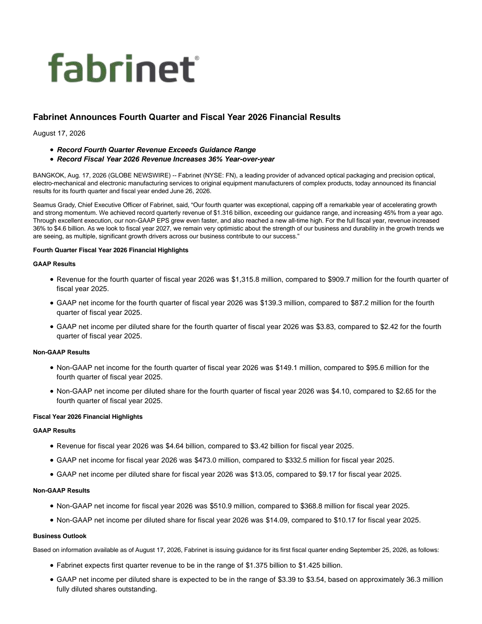 Fabrinet's Q4 2026 Press Release