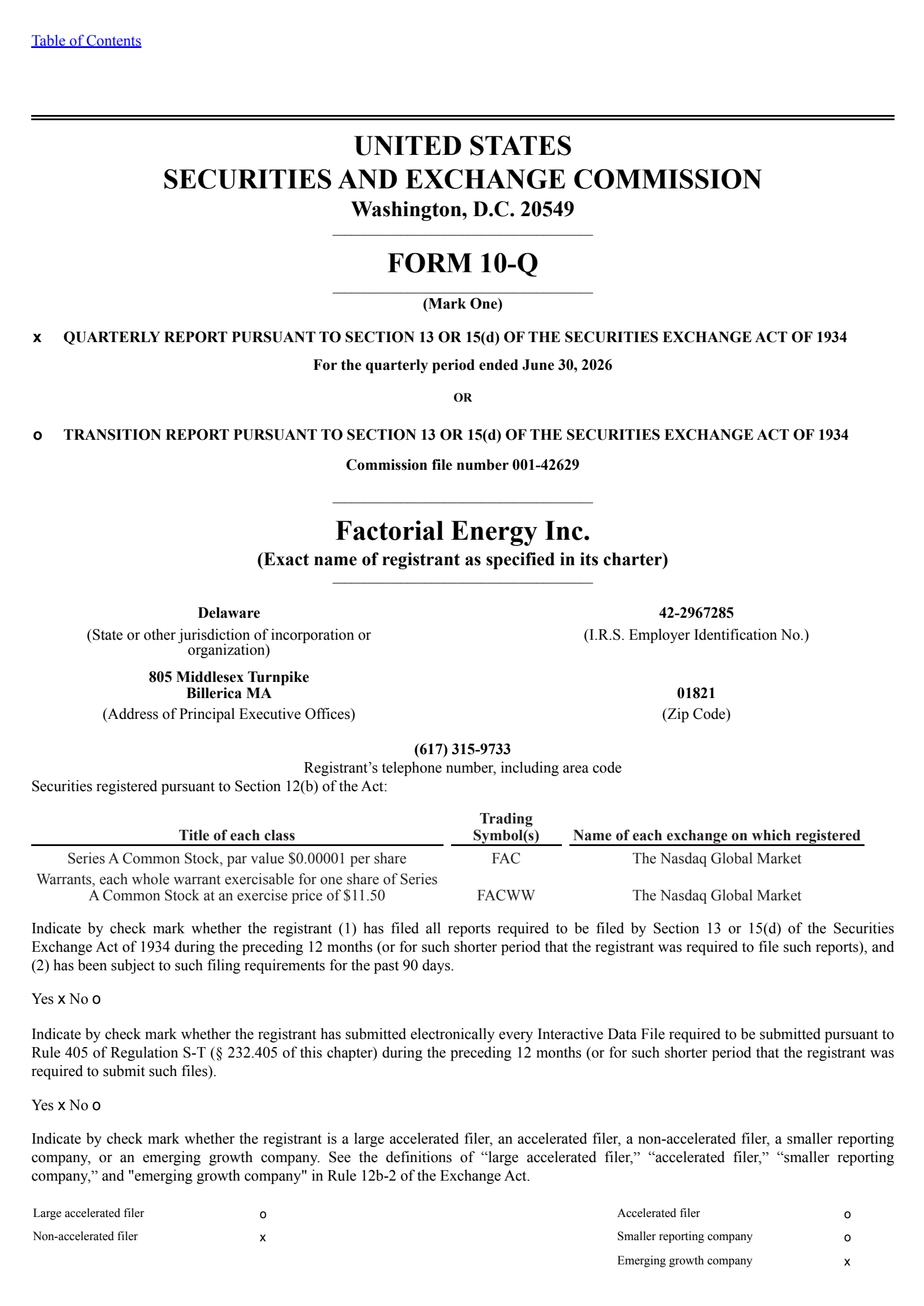 Factorial Energy's Q2 2026 Quarterly report