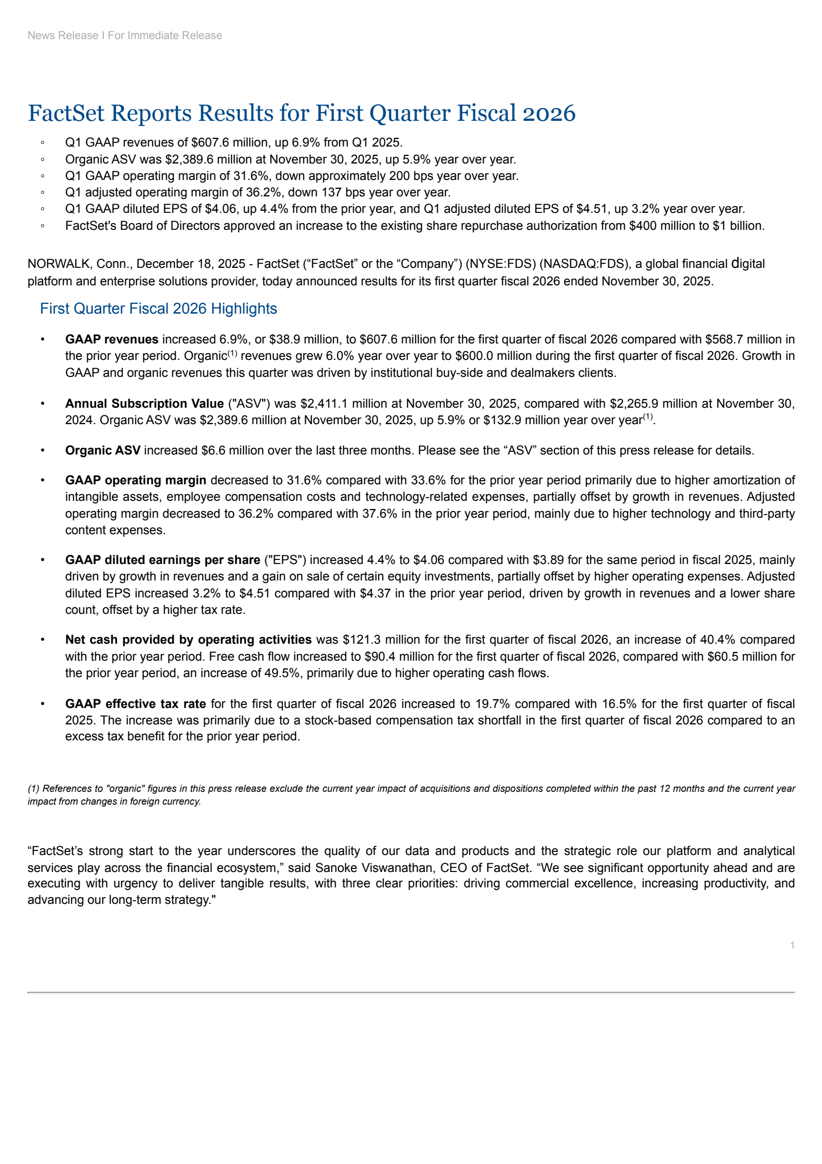 FactSet Research Systems' Q1 2026 Earnings Release