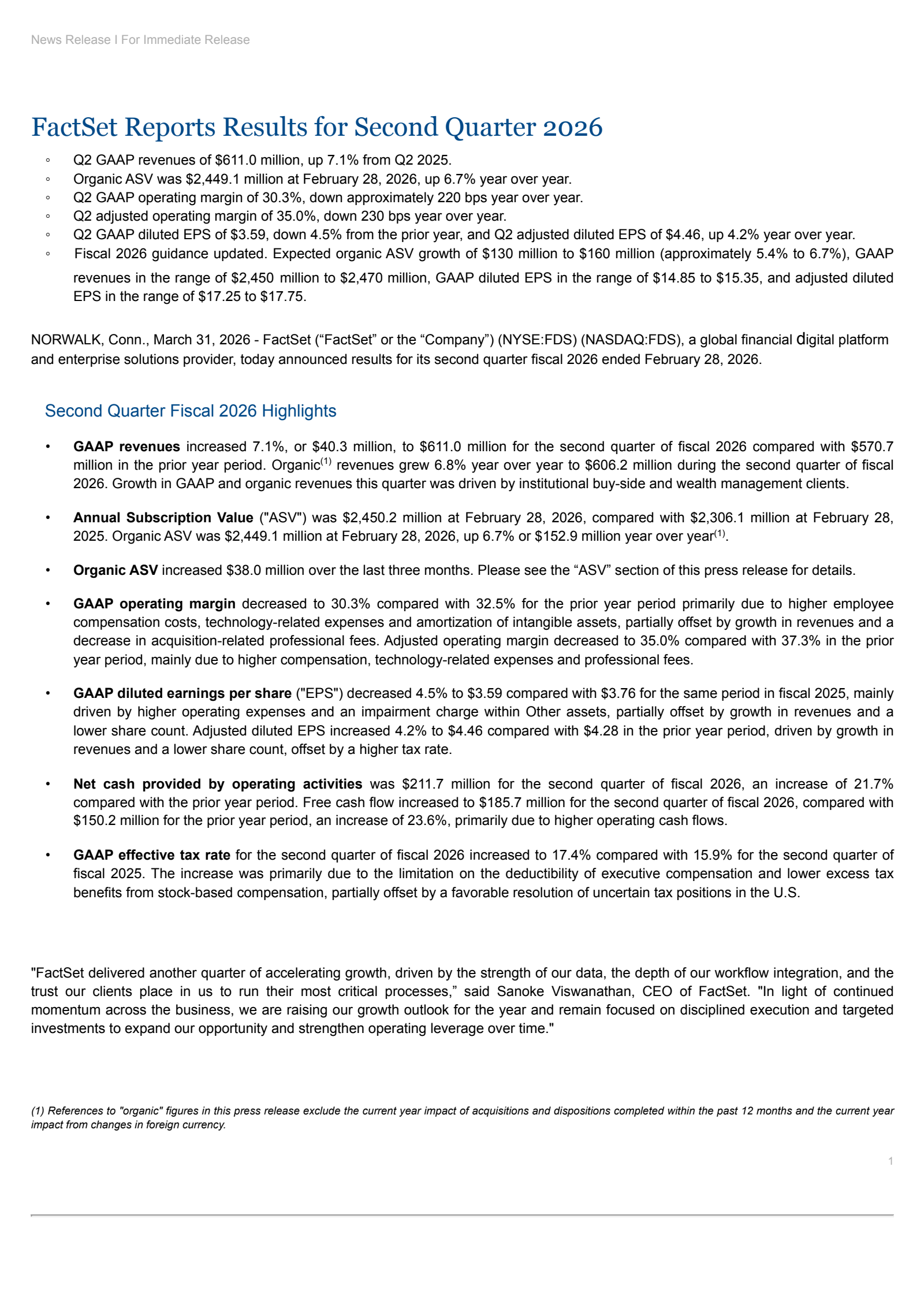 FactSet Research Systems' Q2 2026 Press Release