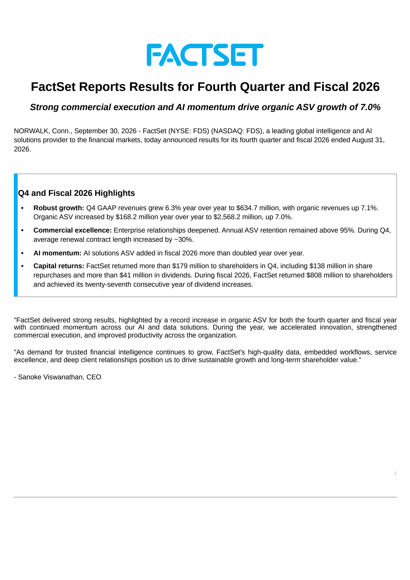 FactSet Research Systems' Q4 2026 Press Release