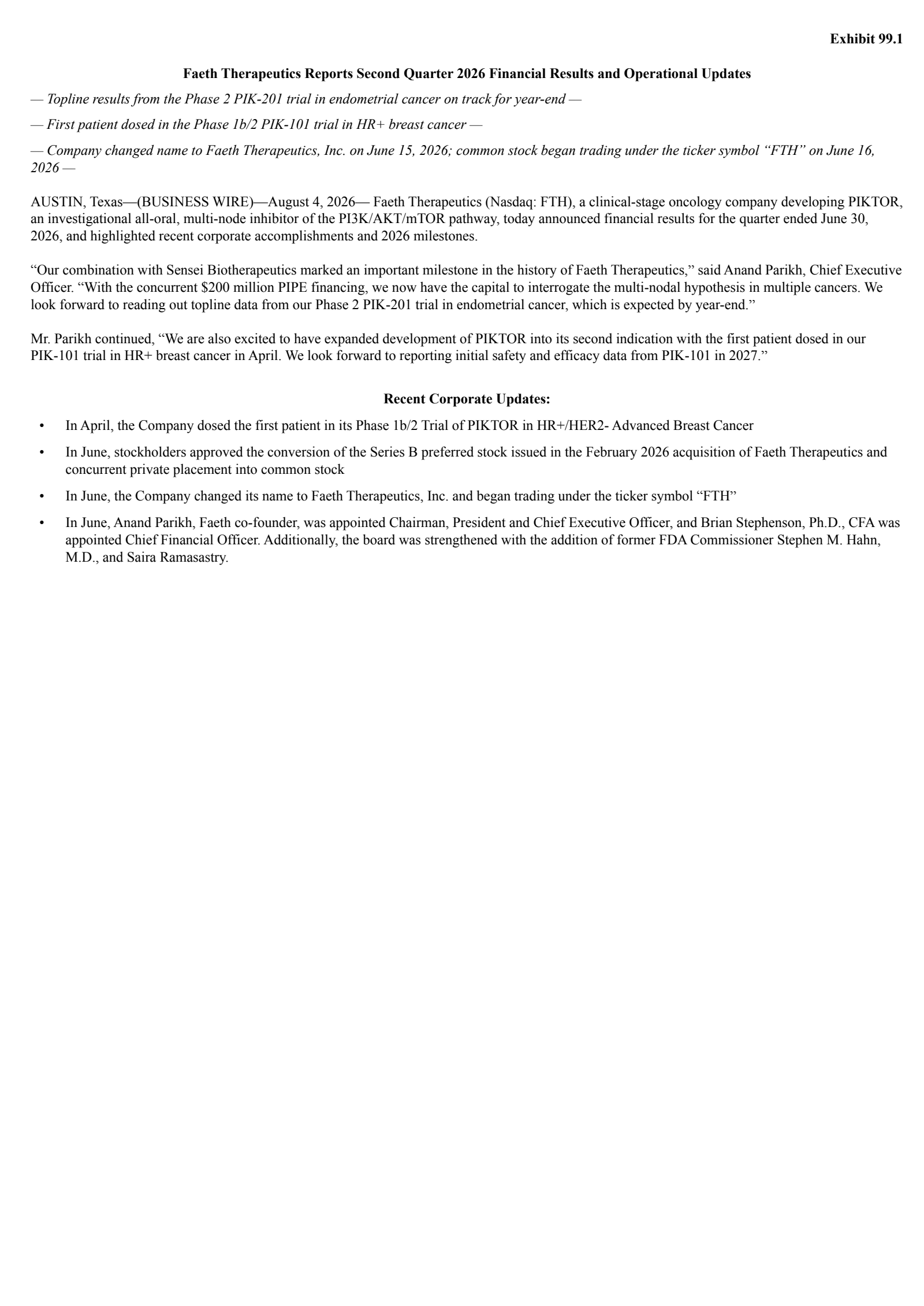 Sensei Biotherapeutics' Q2 2026 Press Release