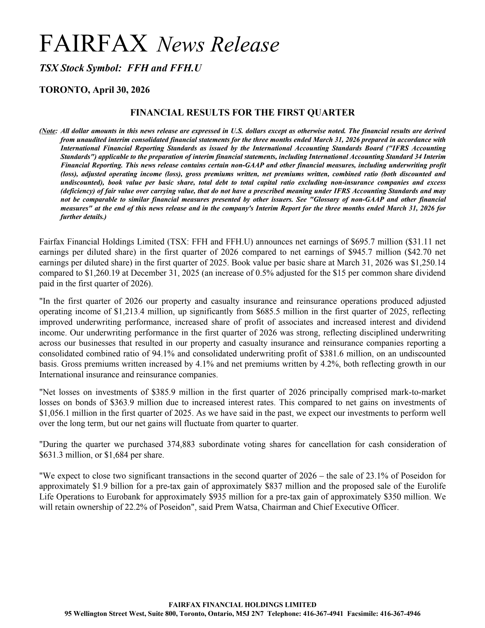 Fairfax Financial's Q1 2026 Press Release